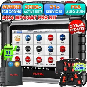 Autel MaxiPRO MP808BT PRO KIT: 2 Year Updates($700), ($200)Full 11 Adapters, 2024 OE ECU Coding as MP900BT MS906 PRO, Upgrade of MK900BT MX900, 3000  Bidirectional, 30  Service, FCA Renault SGW, OS 11