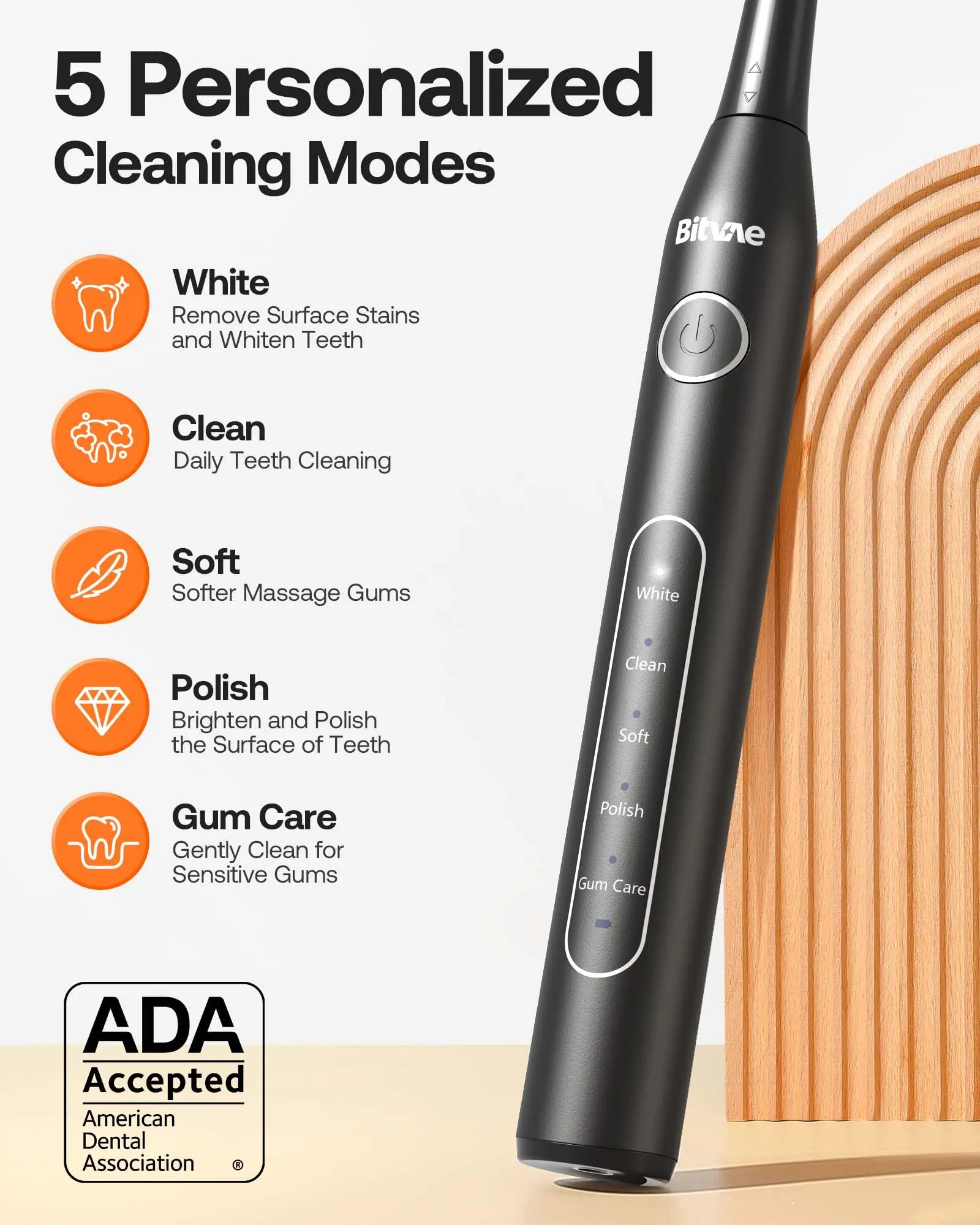 Bitvae Electric Toothbrush for Adults - Ultrasonic Electric Toothbrushes with 8 Brush Heads, ADA Accepted Power Rechargeable Toothbrush with 5 Modes, Smart Timer, Black D2