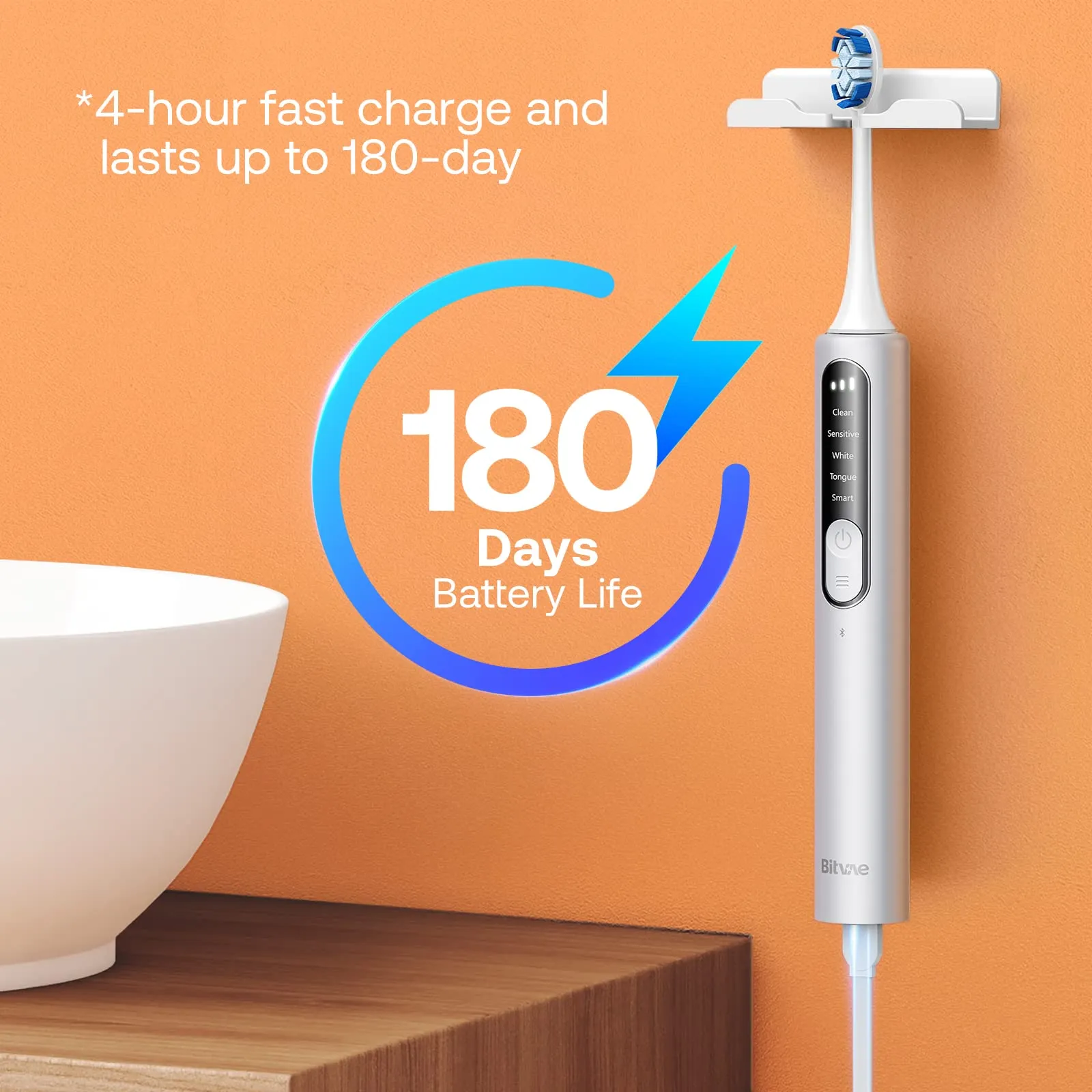 Bitvae Smart S3 Sonic Electric Toothbrush for Adults, 180-Day Battery Life Rechargeable Electric Power Toothbrush with Pressure Sensor, Travel Case, Silver White