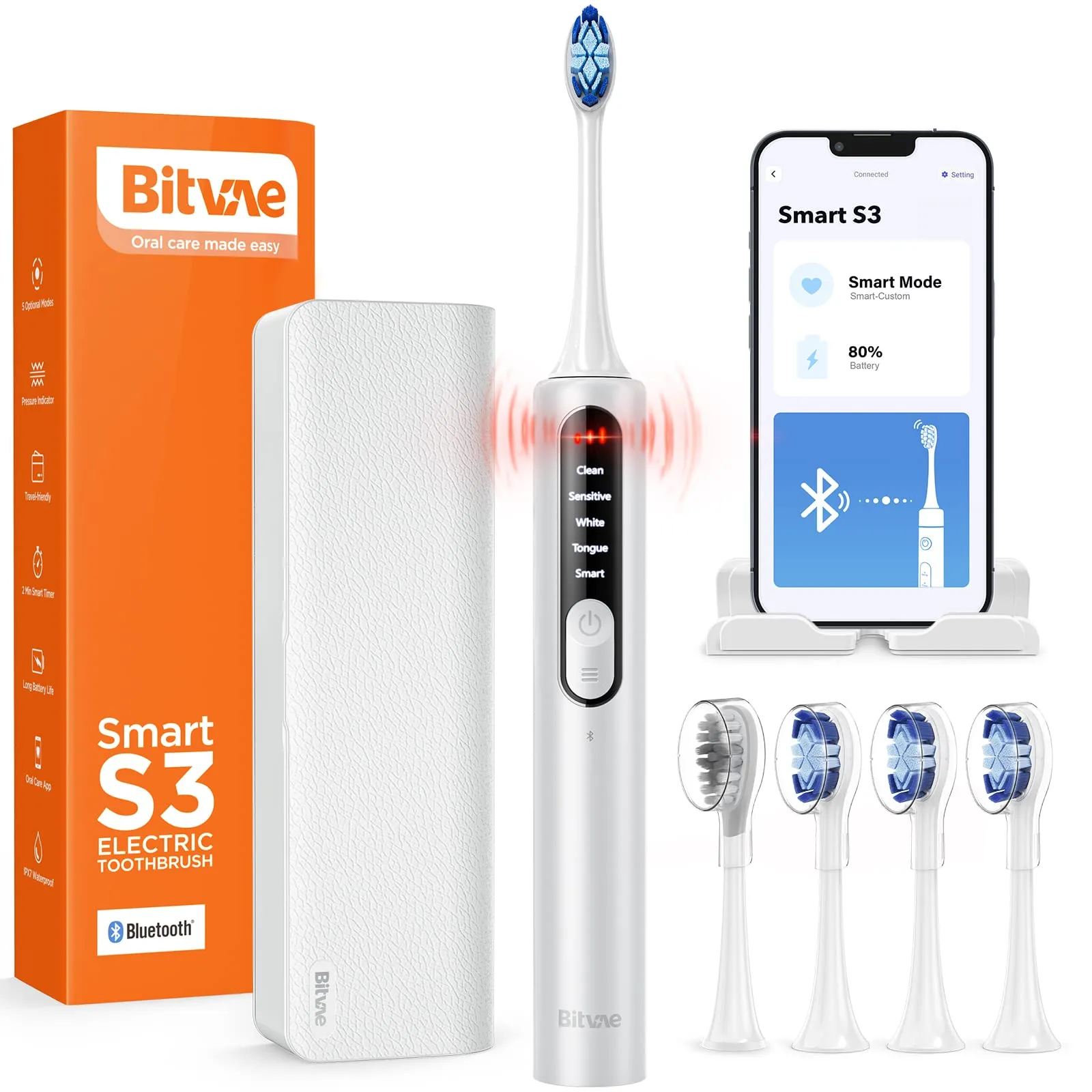 Bitvae Smart S3 Sonic Electric Toothbrush for Adults, 180-Day Battery Life Rechargeable Electric Power Toothbrush with Pressure Sensor, Travel Case, Silver White