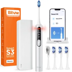 Bitvae Smart S3 Sonic Electric Toothbrush for Adults, 180-Day Battery Life Rechargeable Electric Power Toothbrush with Pressure Sensor, Travel Case, Silver White