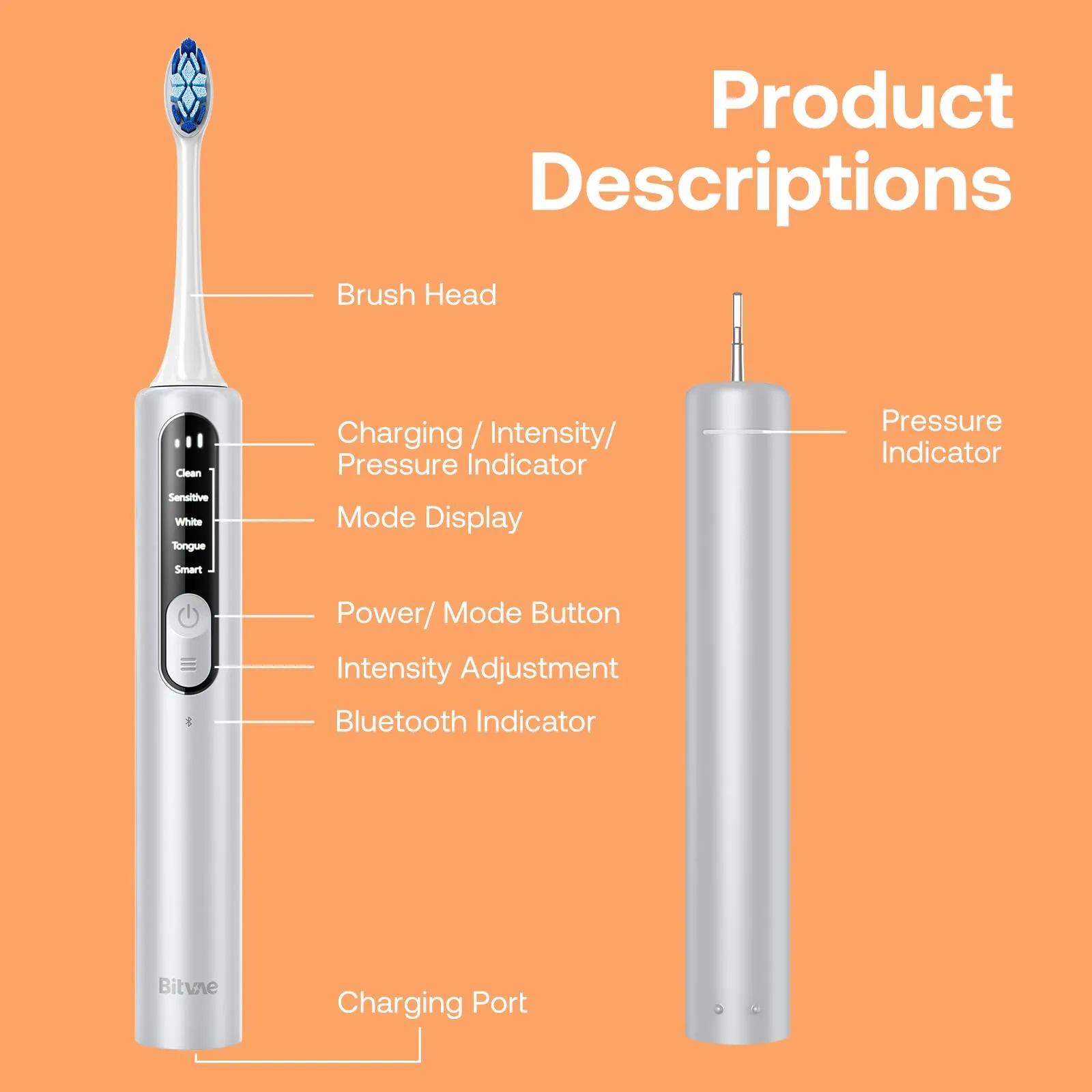 Bitvae Smart S3 Sonic Electric Toothbrush for Adults, 180-Day Battery Life Rechargeable Electric Power Toothbrush with Pressure Sensor, Travel Case, Silver White