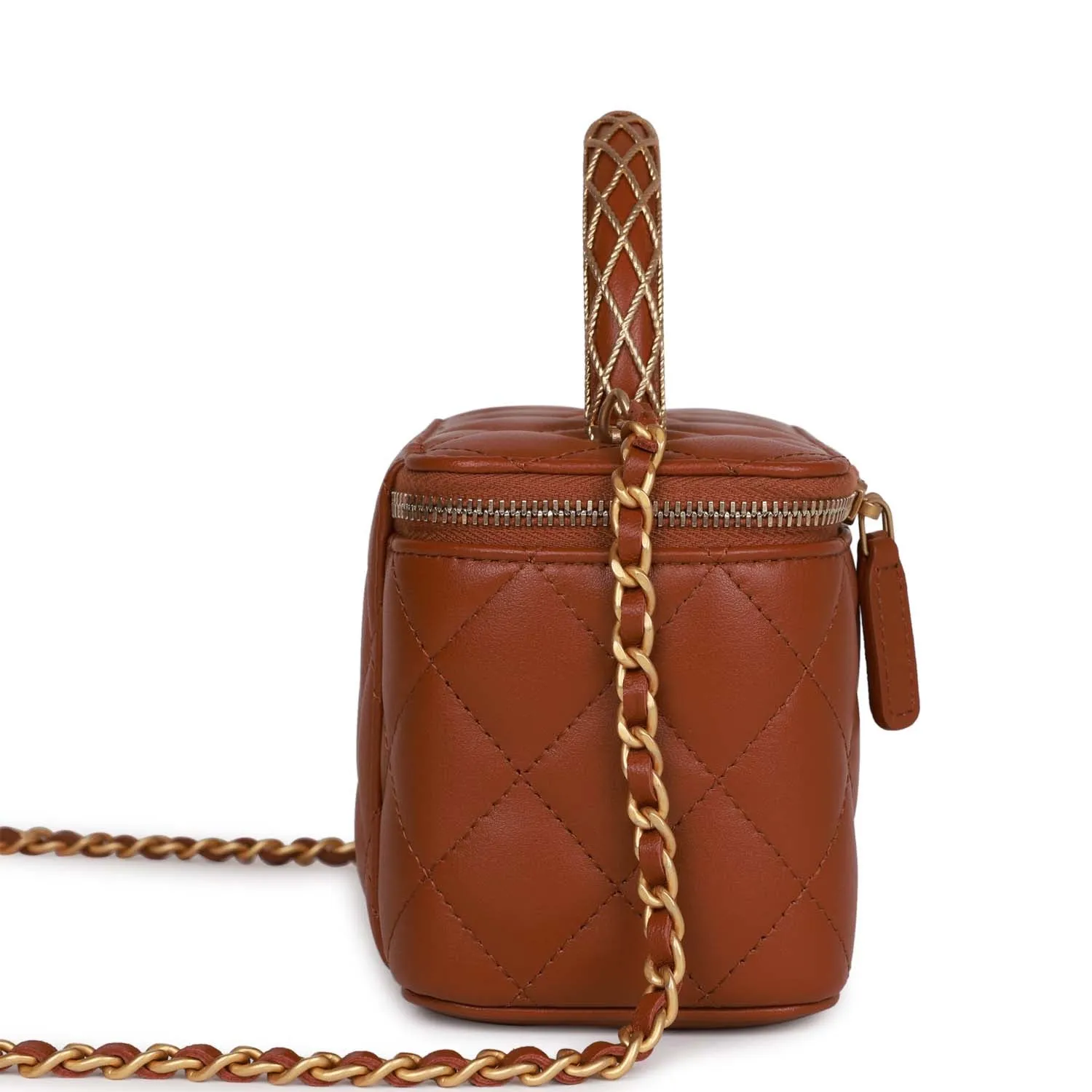 Chanel Small Top Handle Vanity Case Brown Lambskin Brushed Gold Hardware