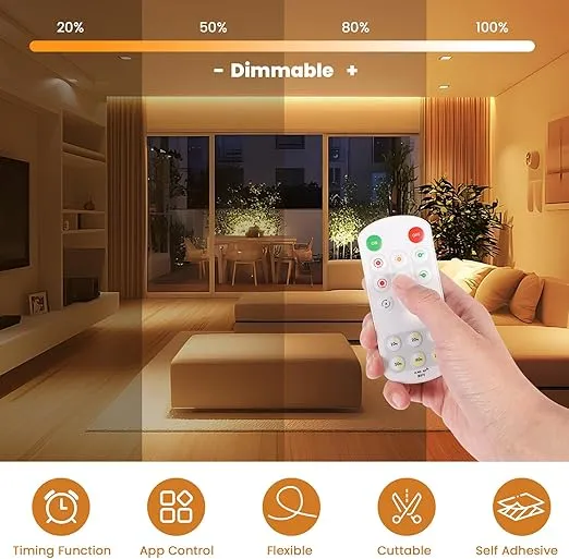 COB LED Remote Control Strip Light In UK -  Warm White Light Color 2700K, IP22 Waterproof, 5m Dotless with Smart App Control, Timer Function, Dimmable Strip Lights for Bedroom, Livingroom, Cabinet