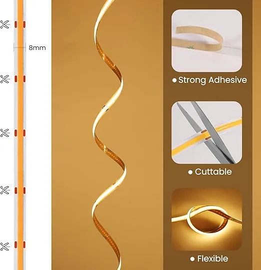 COB LED Remote Control Strip Light In UK -  Warm White Light Color 2700K, IP22 Waterproof, 5m Dotless with Smart App Control, Timer Function, Dimmable Strip Lights for Bedroom, Livingroom, Cabinet