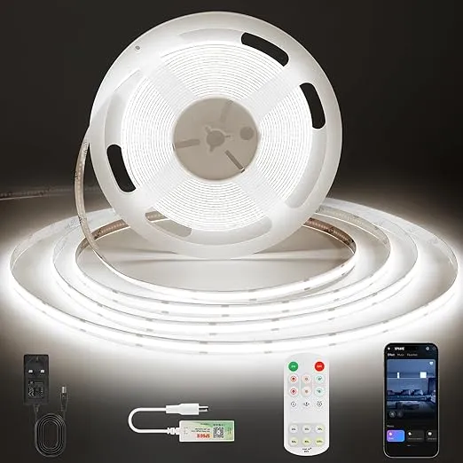 COB LED Remote Control Strip Light In UK -  Warm White Light Color 2700K, IP22 Waterproof, 5m Dotless with Smart App Control, Timer Function, Dimmable Strip Lights for Bedroom, Livingroom, Cabinet