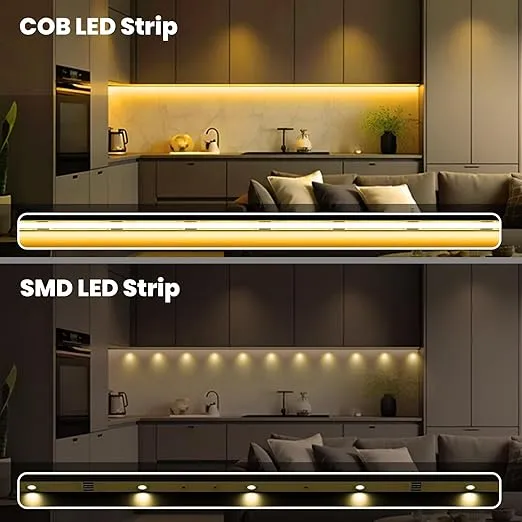 COB LED Remote Control Strip Light In UK -  Warm White Light Color 2700K, IP22 Waterproof, 5m Dotless with Smart App Control, Timer Function, Dimmable Strip Lights for Bedroom, Livingroom, Cabinet