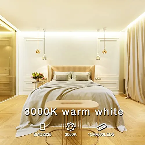 DAYBETTER Warm White LED Strip Light, 32.8ft Dimmable led Strip, 3000K 12V Light Strips, 600 LEDs 2835 Tape Lights for Bedroom, Kitchen, Mirror, Home Decoration
