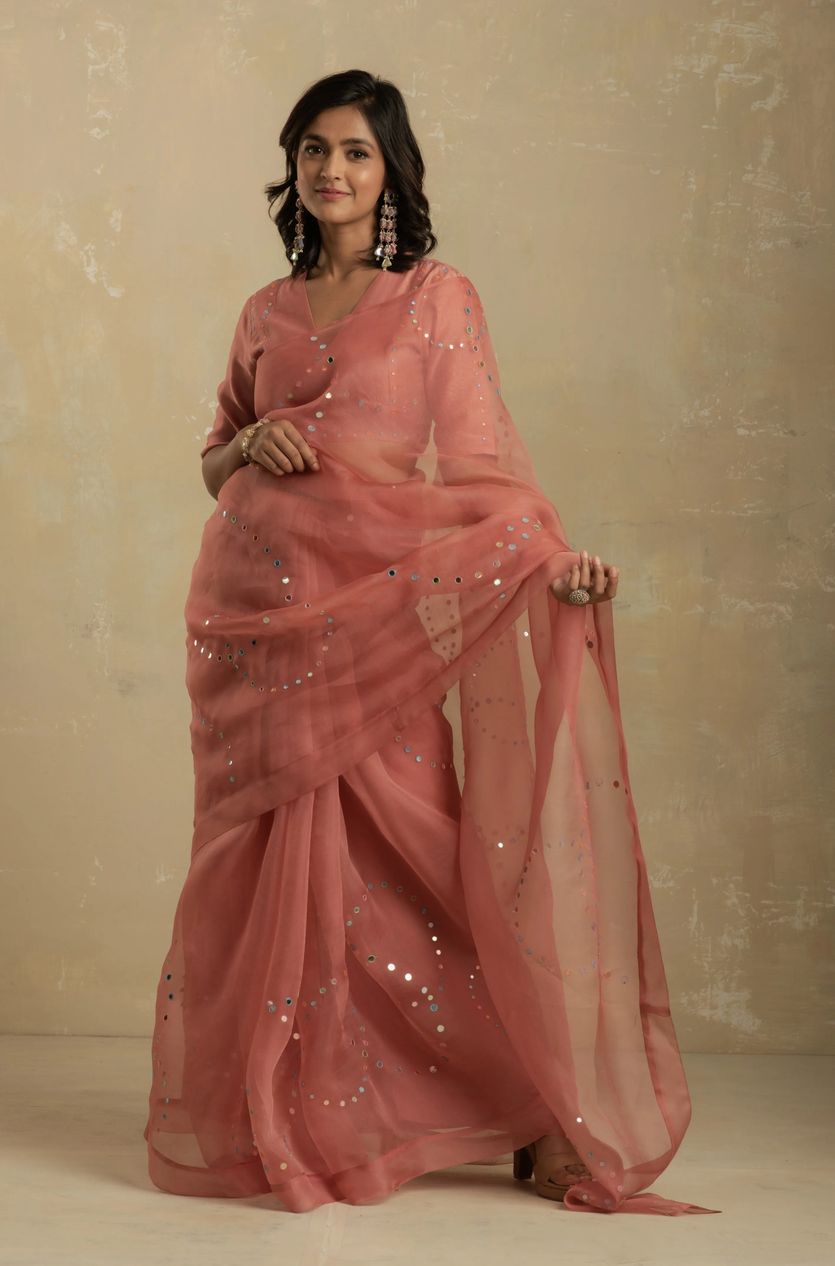 Dusky Pink Organza Saree (Blouse optional)