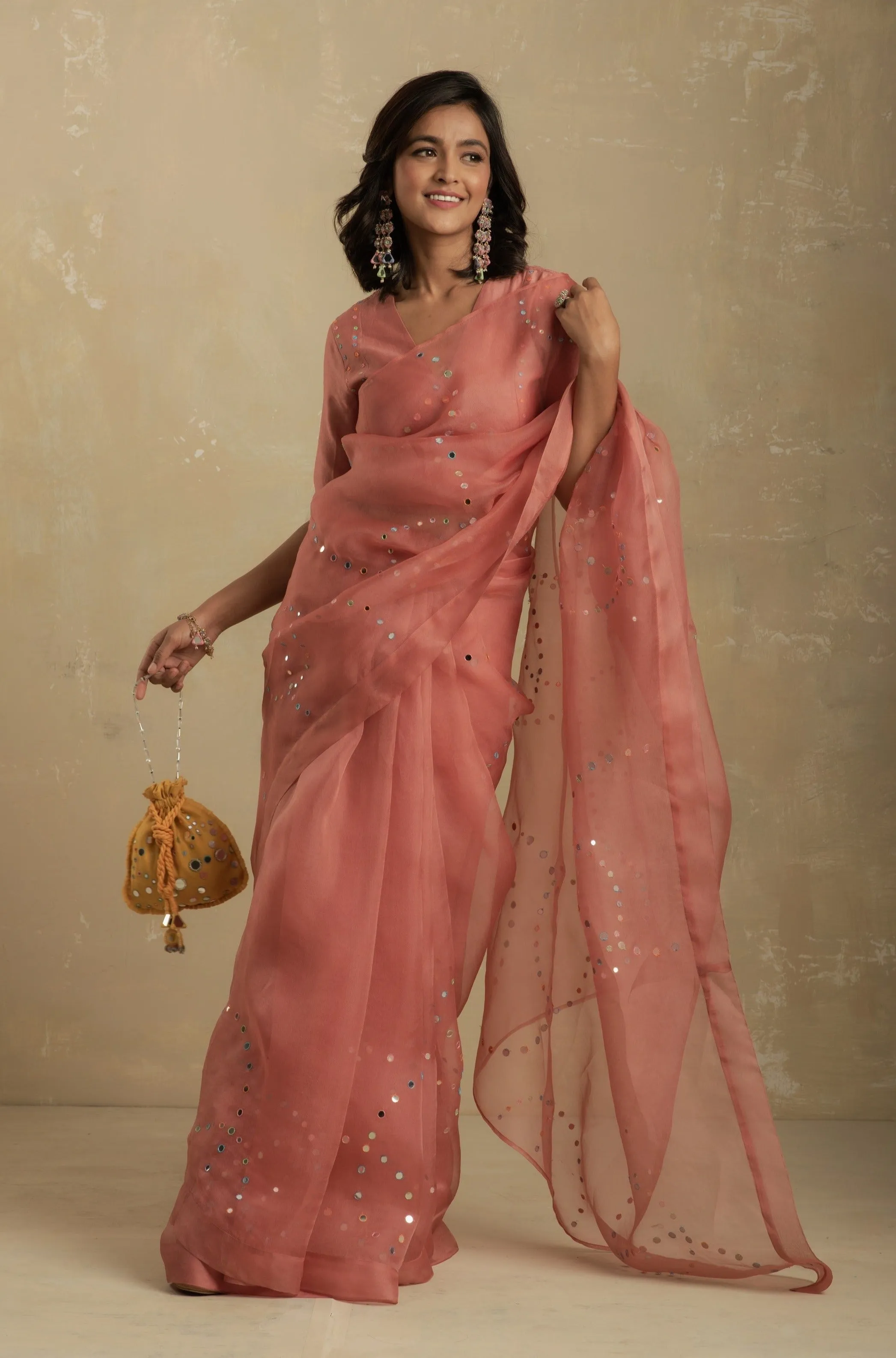 Dusky Pink Organza Saree (Blouse optional)