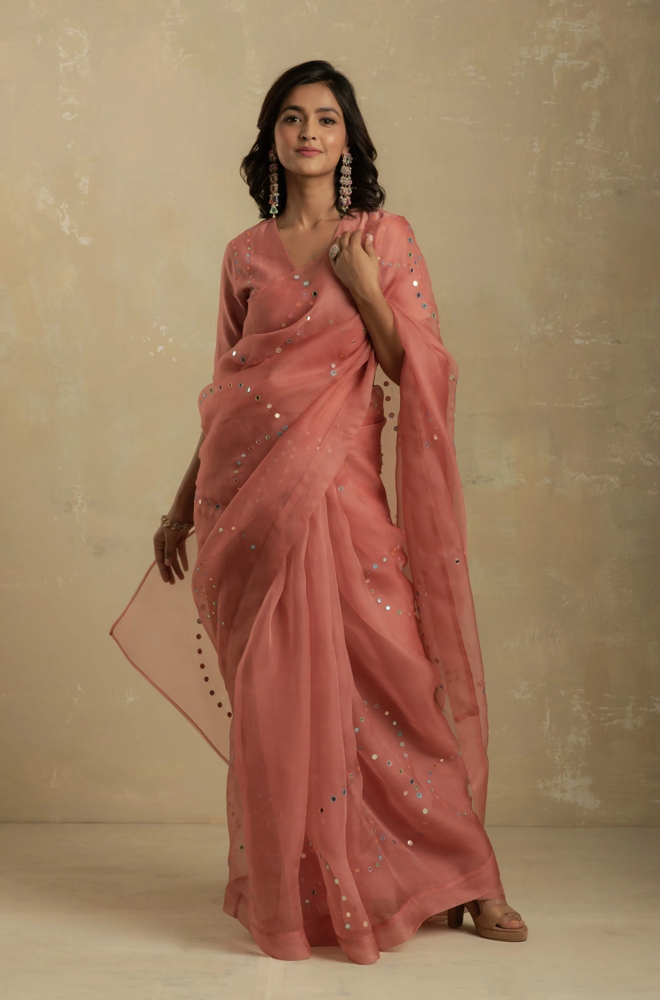 Dusky Pink Organza Saree (Blouse optional)