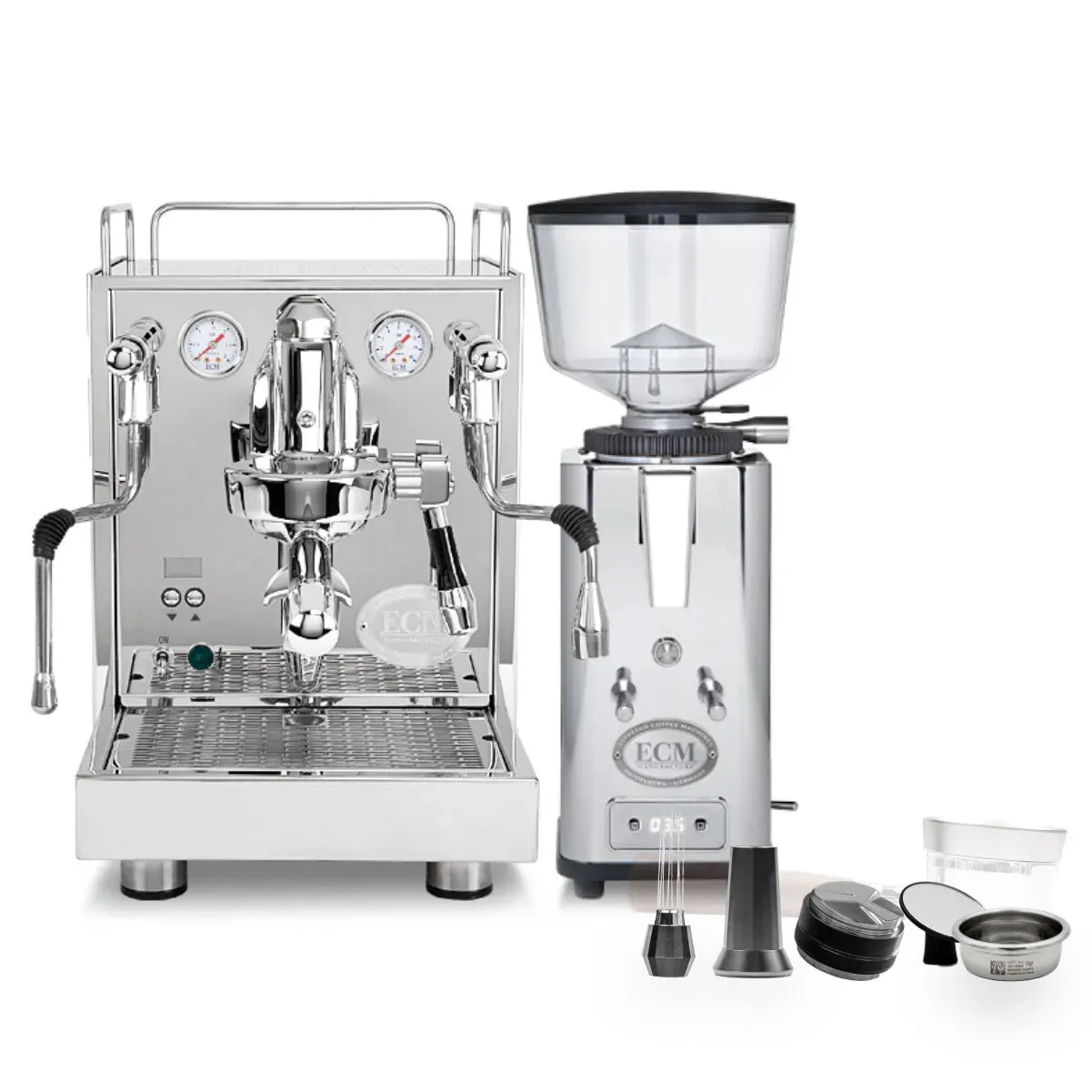 ECM Mechanika Max Heat Exchanger (HX) Espresso Machine with PID, ECM S-Automatik 64 Burr Grinder (Stainless Steel) & Barista Tools Bundle