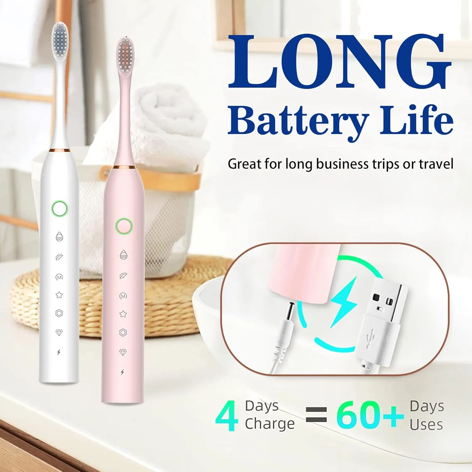 Electric Toothbrush with 8 Brush Heads, 42000vpm 6 Modes IPX7 Waterproof, Soft Electric Toothbrush for Adults - 2 Pack, White Pink