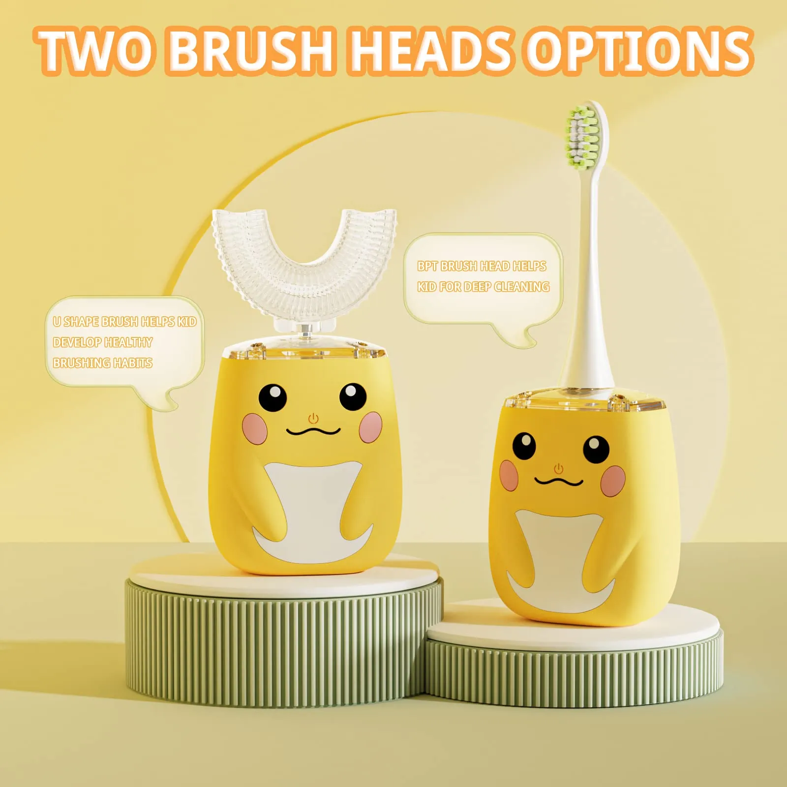 ELOTAME Kids U Shaped Electric Toothbrush with 4 Brush Heads, Cartoon Sonic Automatic Toothbrush with 6 Cleaning Modes, 360-Degree Cleaning, IPX7 Waterproof (2-7 Age Smiling Face)