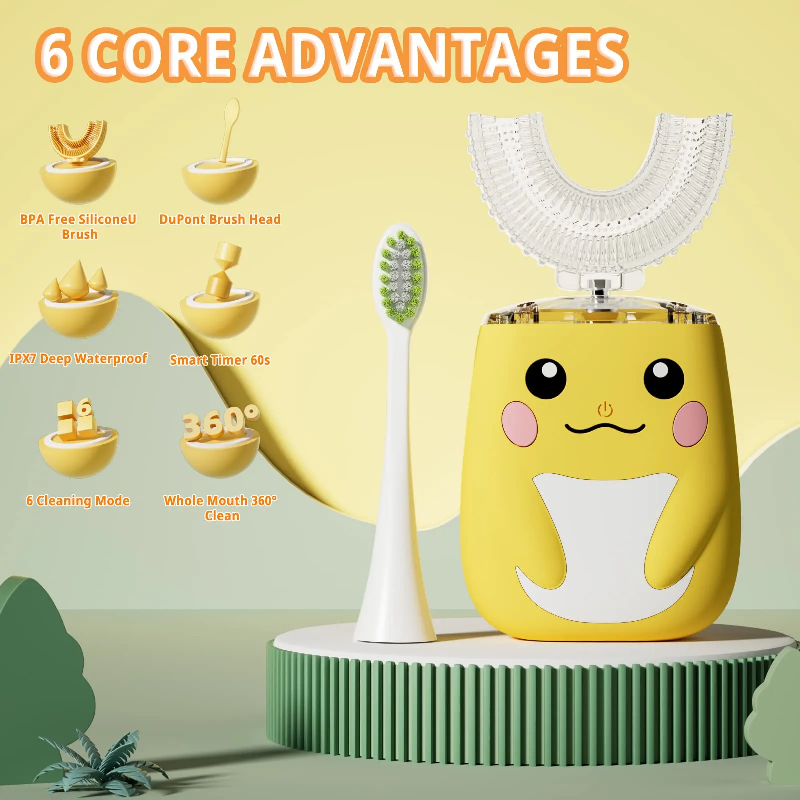 ELOTAME Kids U Shaped Electric Toothbrush with 4 Brush Heads, Cartoon Sonic Automatic Toothbrush with 6 Cleaning Modes, 360-Degree Cleaning, IPX7 Waterproof (2-7 Age Smiling Face)