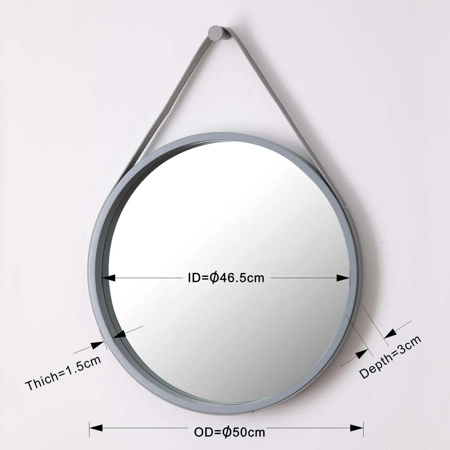 Faux Leather Strap Round Hanging Mirror ,Grey