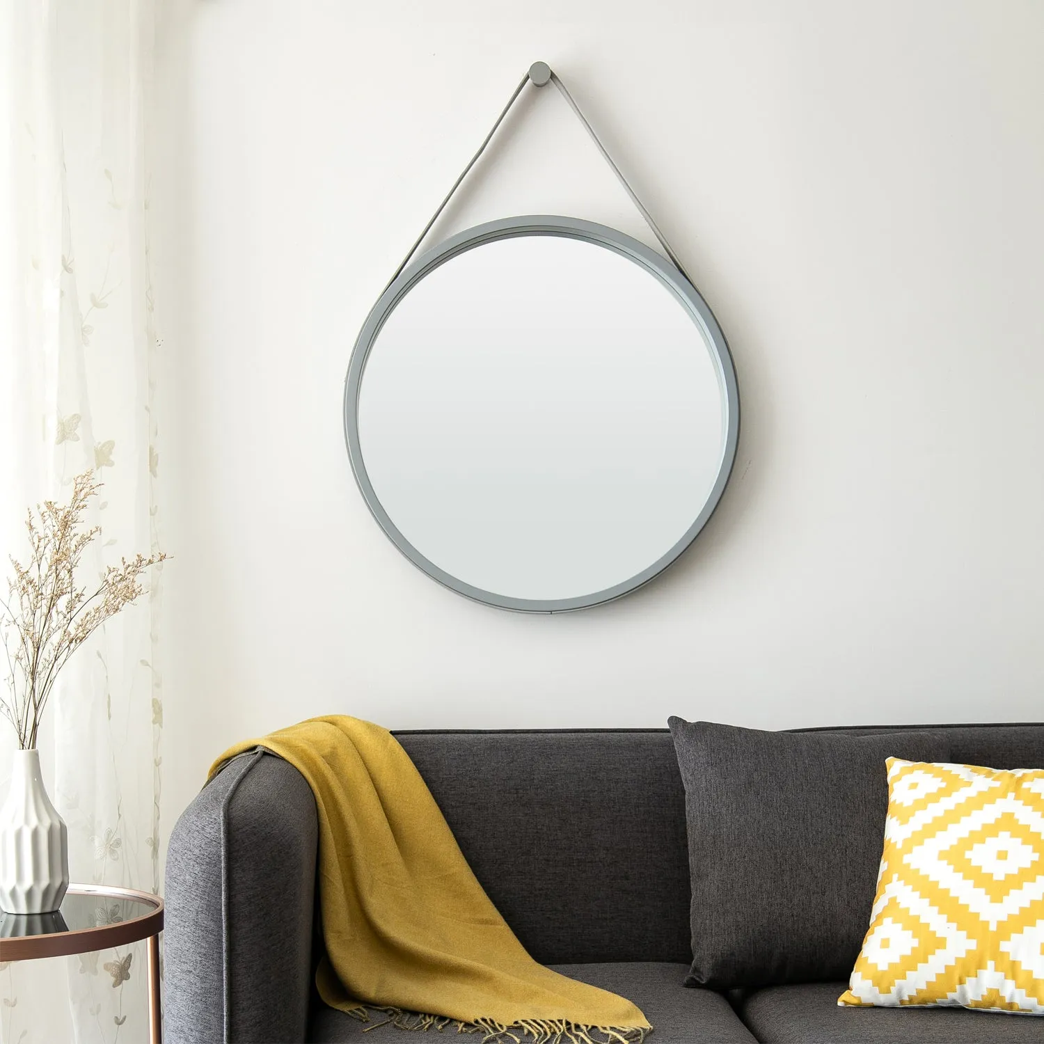 Faux Leather Strap Round Hanging Mirror ,Grey