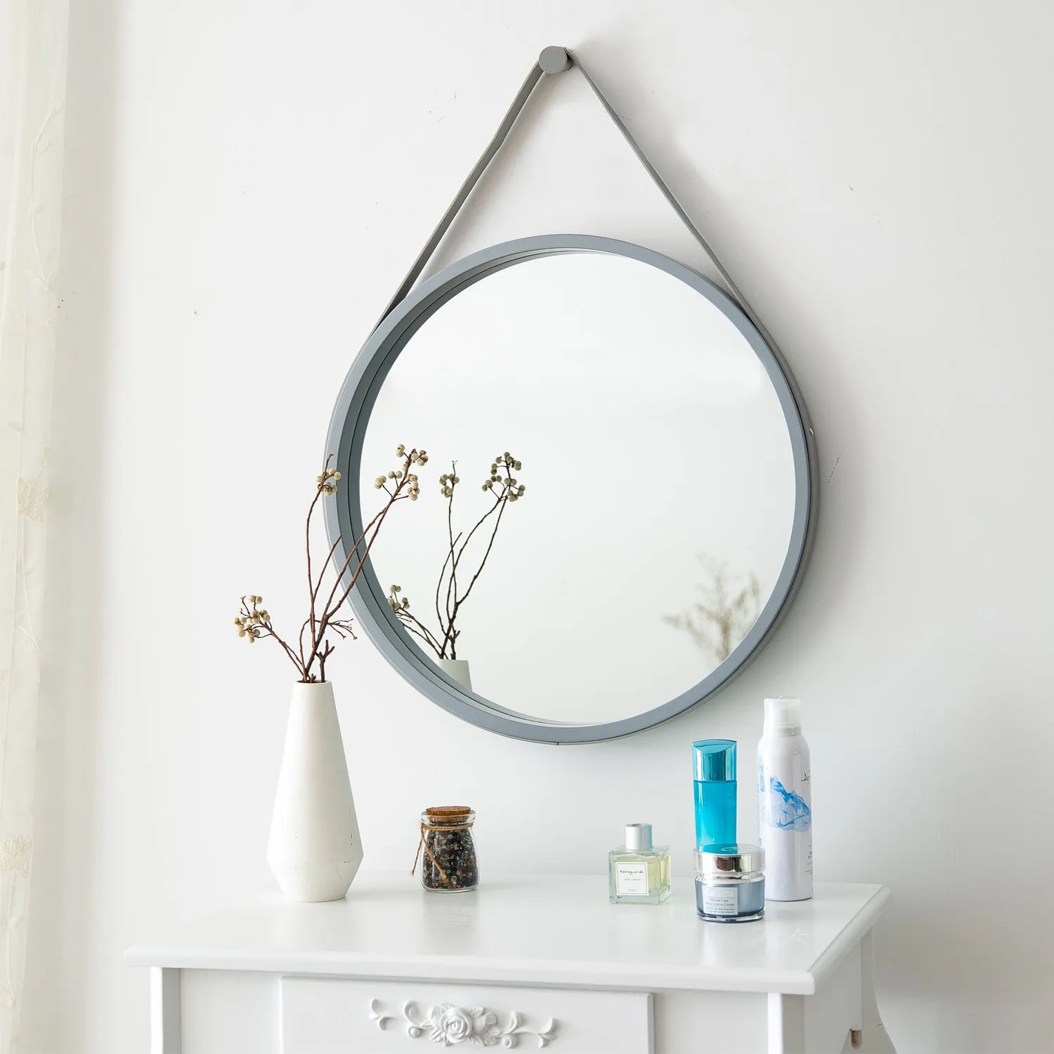 Faux Leather Strap Round Hanging Mirror ,Grey