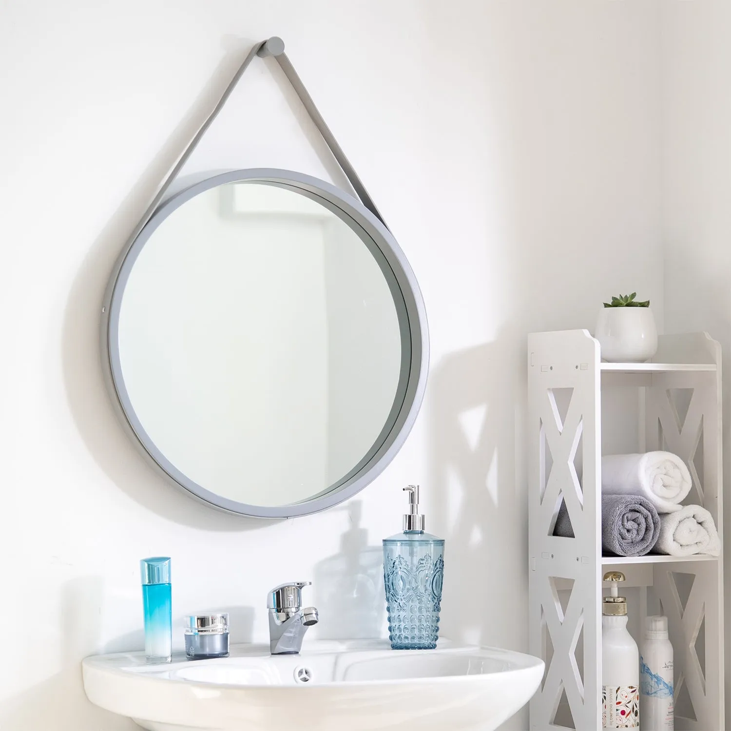 Faux Leather Strap Round Hanging Mirror ,Grey