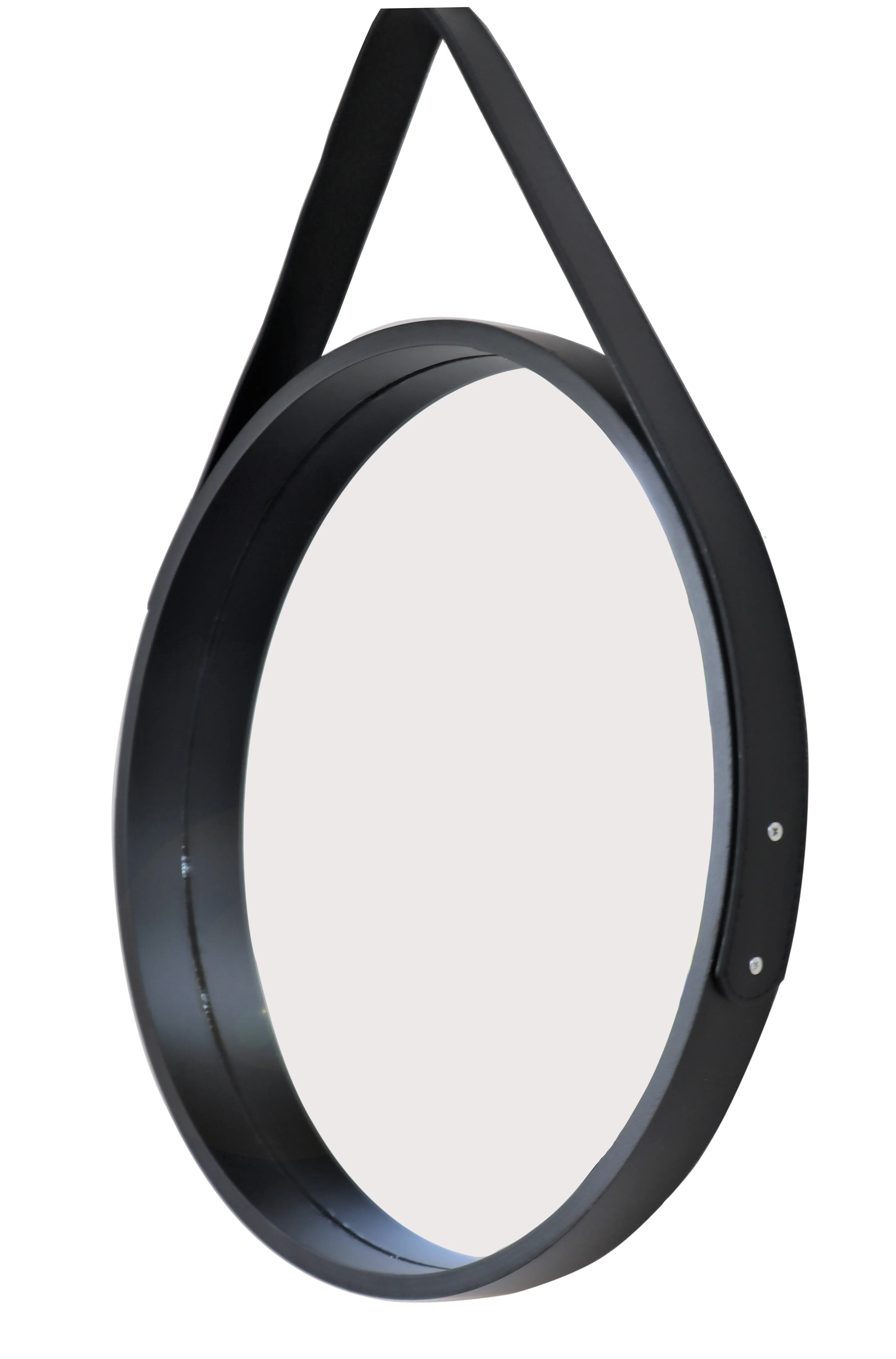 Faux Leather Strap Wooden Round Hanging Mirror, Black