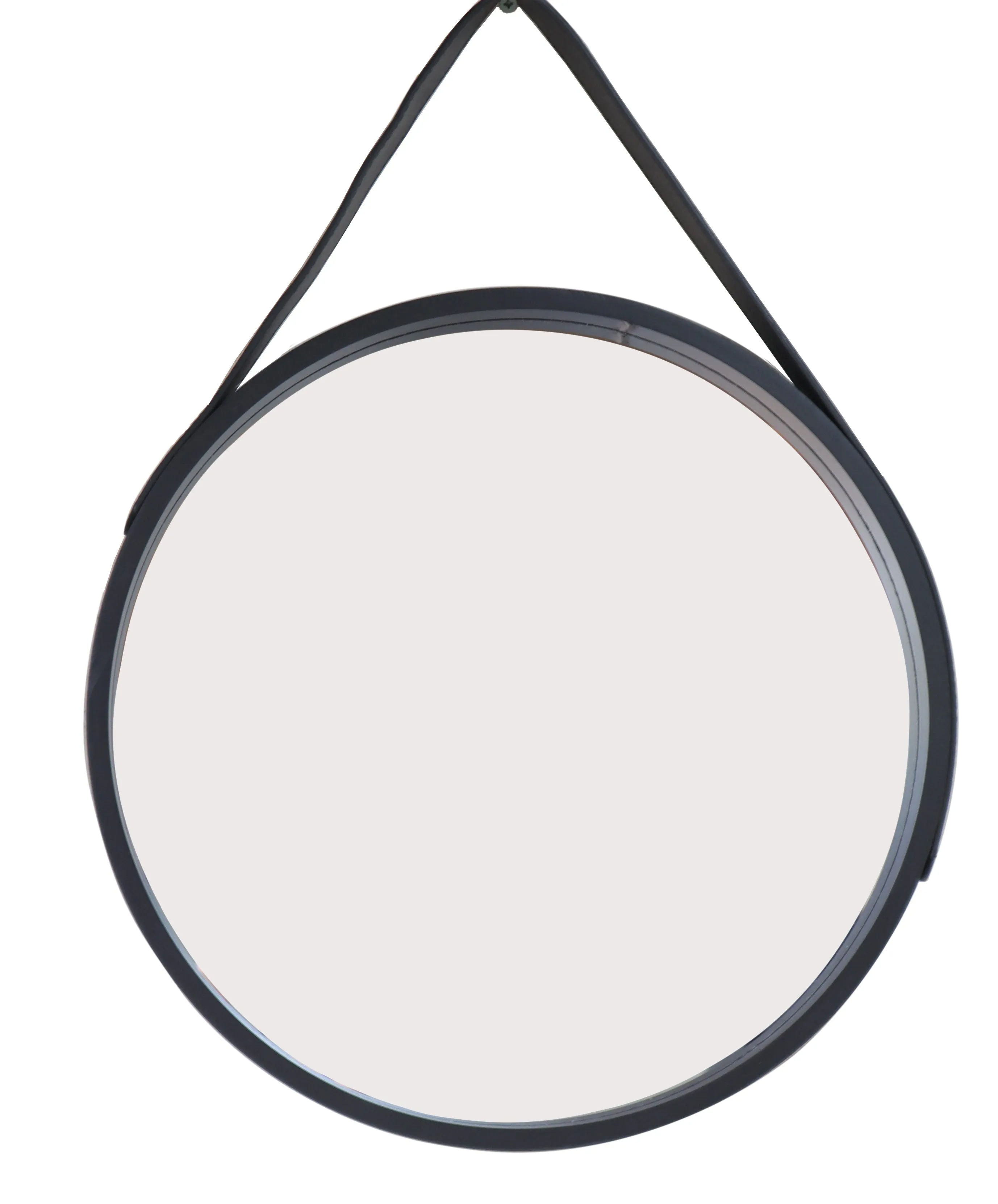 Faux Leather Strap Wooden Round Hanging Mirror, Black
