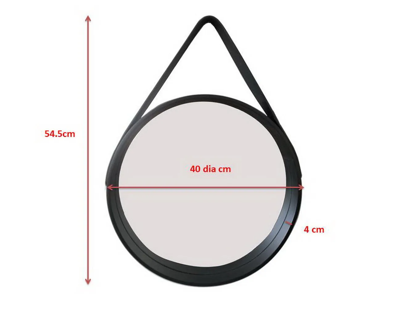 Faux Leather Strap Wooden Round Hanging Mirror, Black
