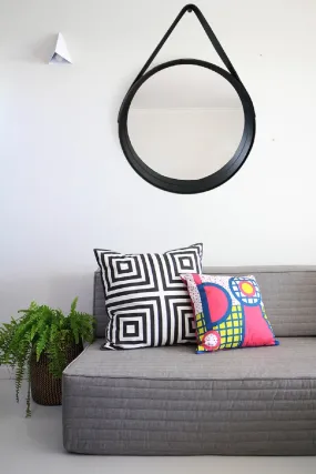 Faux Leather Strap Wooden Round Hanging Mirror, Black