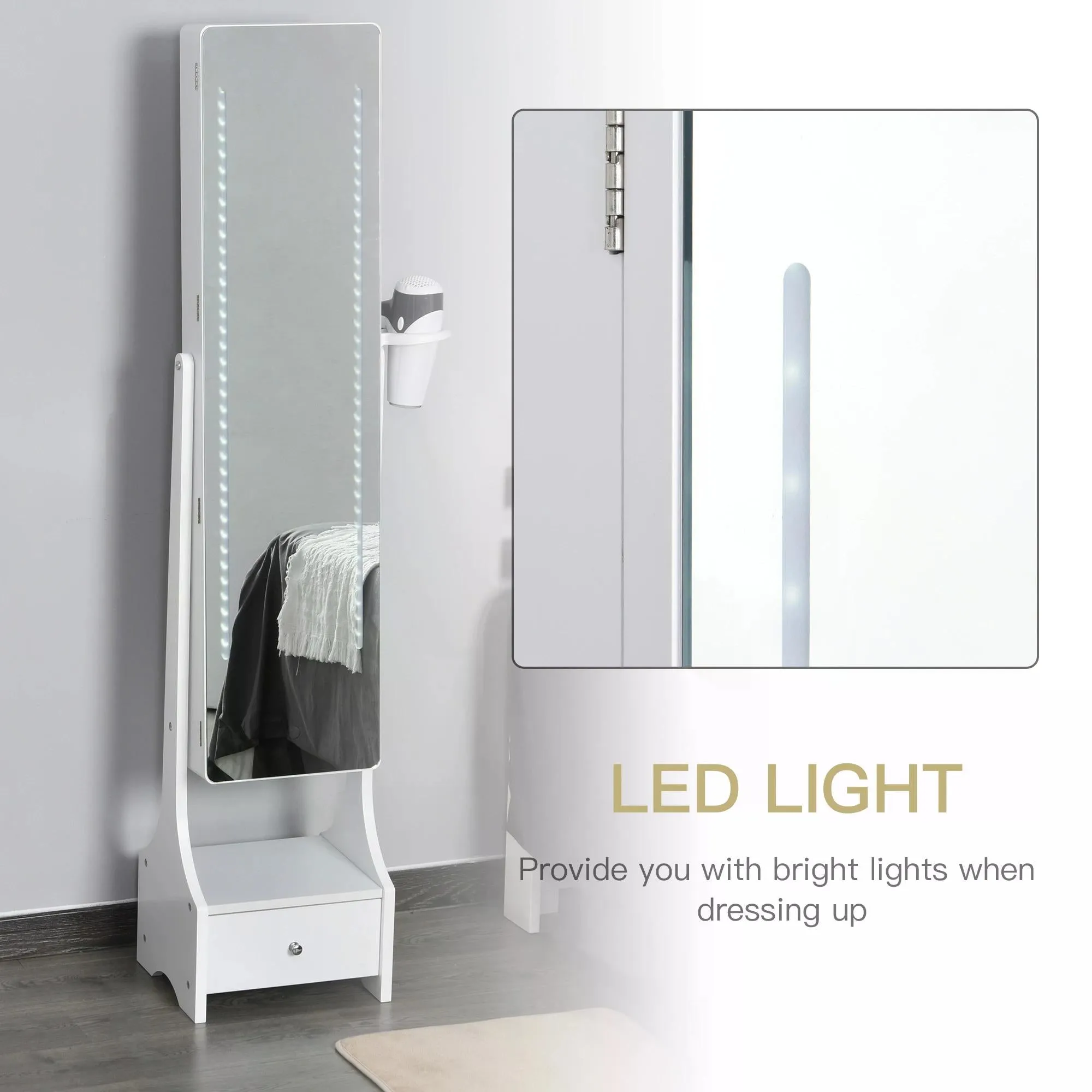 Freestanding Jewellery Cabinet Storage Mirror Armoire w/ LED Lights Hooks Drawer Hairdryer Holder Vanity Adjustable Bedroom Furnishing White