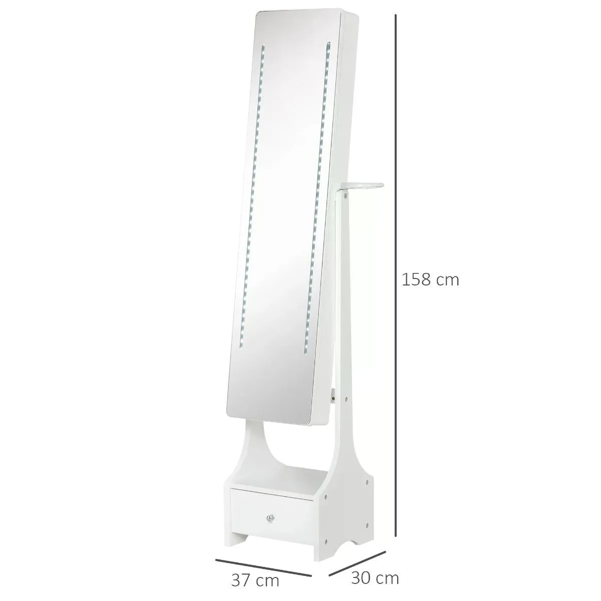 Freestanding Jewellery Cabinet Storage Mirror Armoire w/ LED Lights Hooks Drawer Hairdryer Holder Vanity Adjustable Bedroom Furnishing White