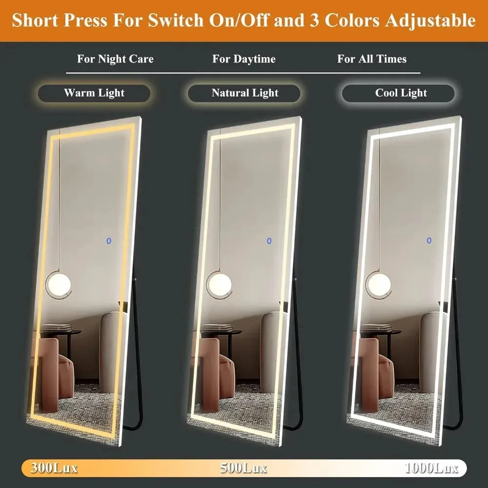Full Length Standing Mirror with LED Lighting, 63" x 16", Stepless Dimming - White