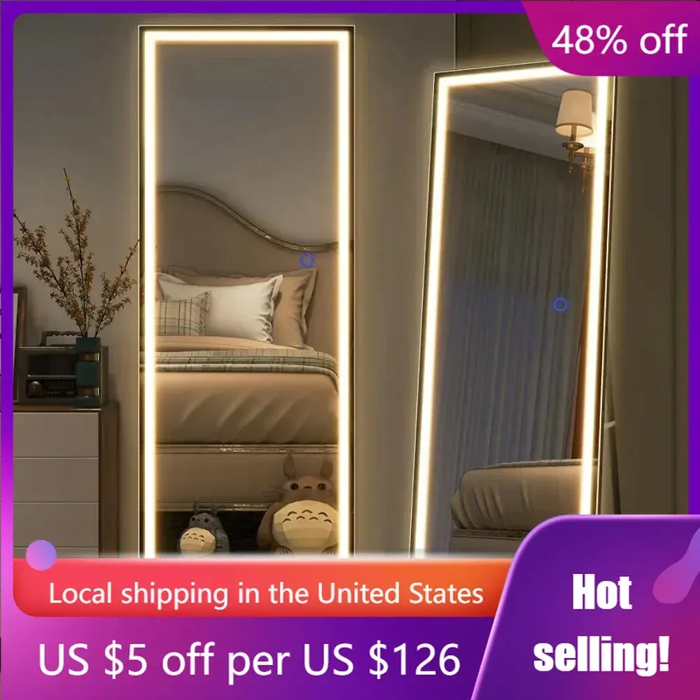 Full Length Standing Mirror with LED Lighting, 63" x 16", Stepless Dimming - White