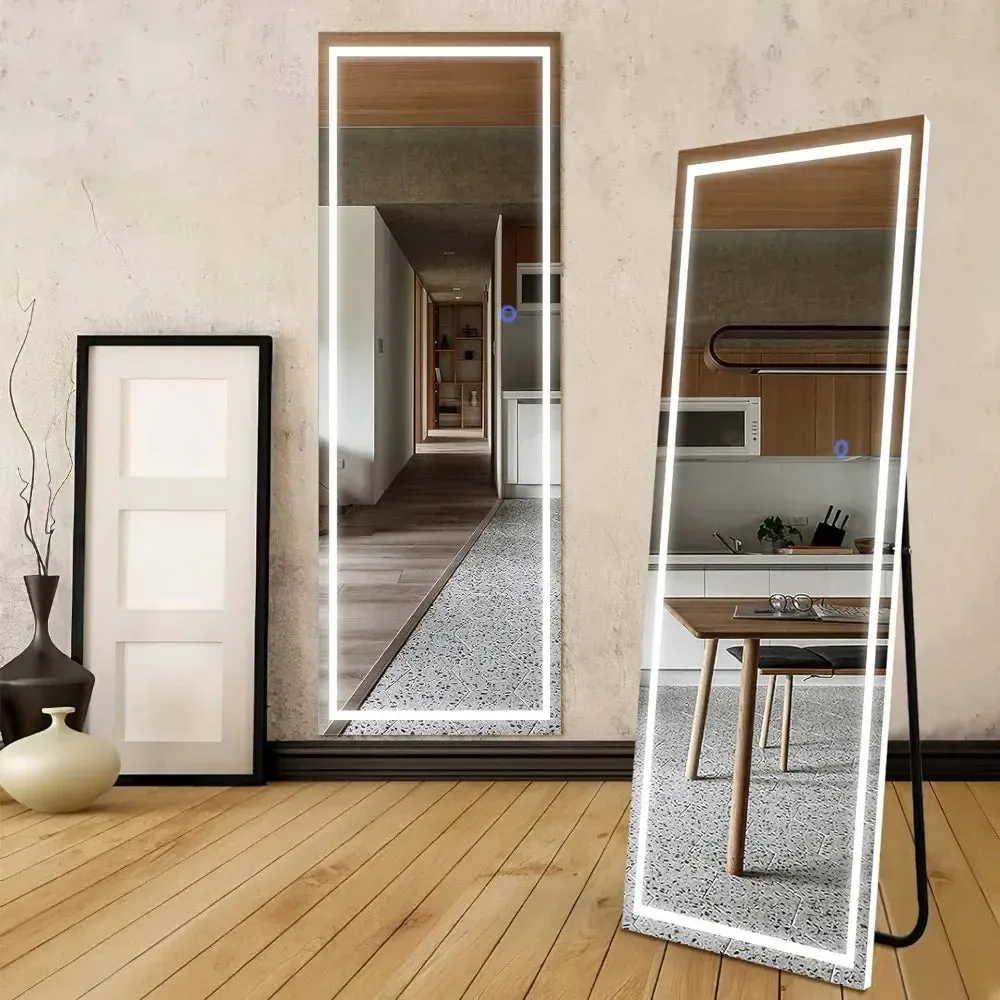 Full Length Standing Mirror with LED Lighting, 63" x 16", Stepless Dimming - White