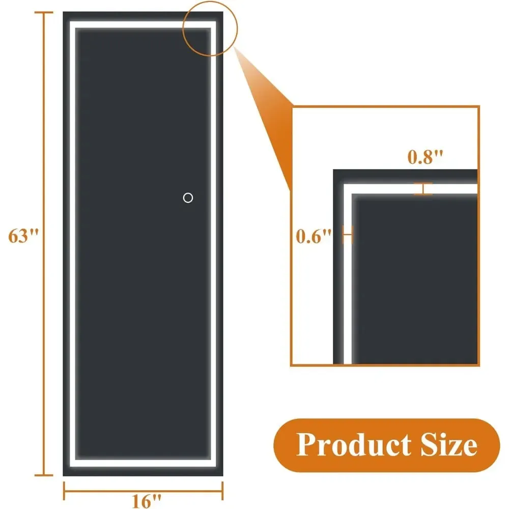 Full Length Standing Mirror with LED Lighting, 63" x 16", Stepless Dimming - White