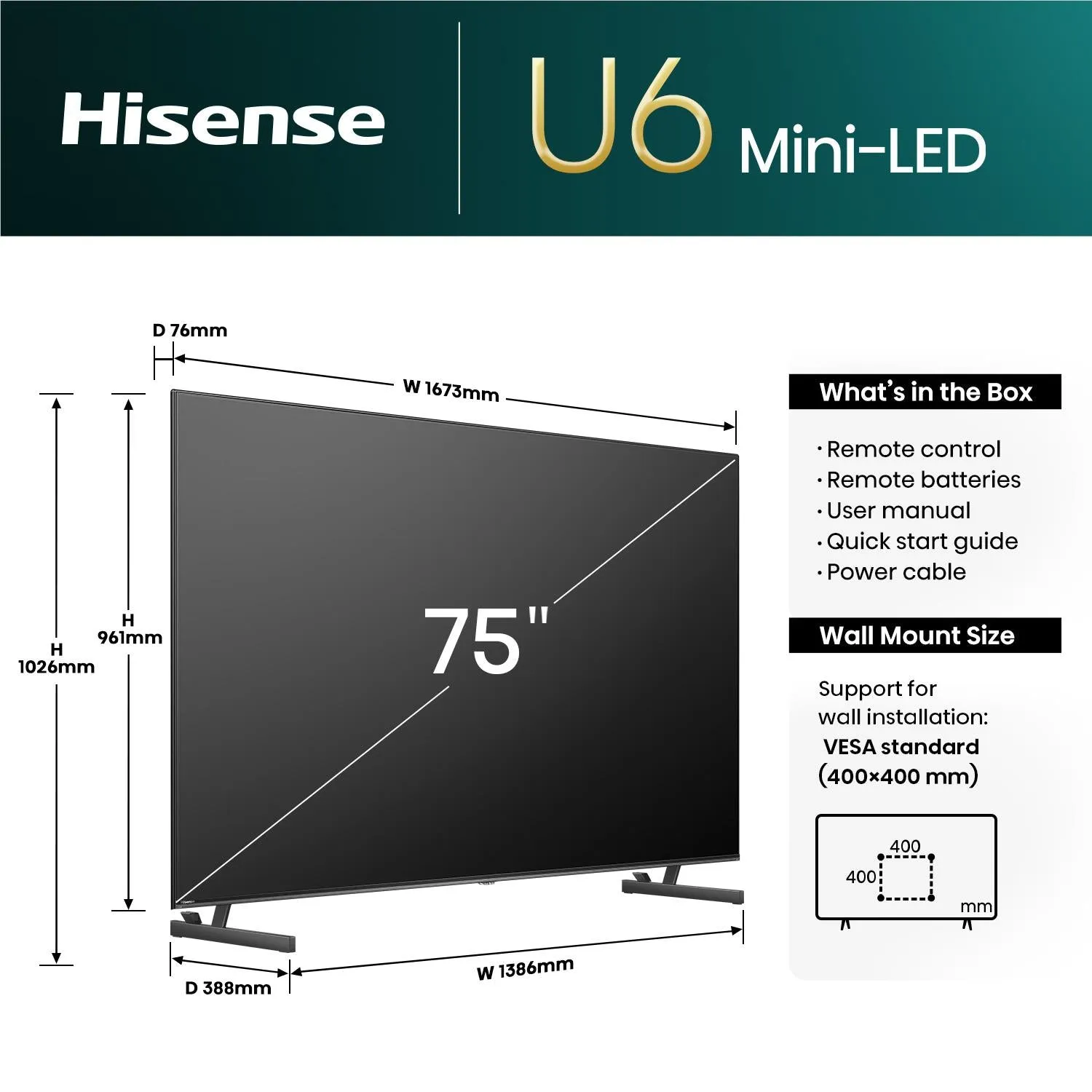 Hisense 75" U6NAU Mini-LED 4K QLED Smart TV [2024]