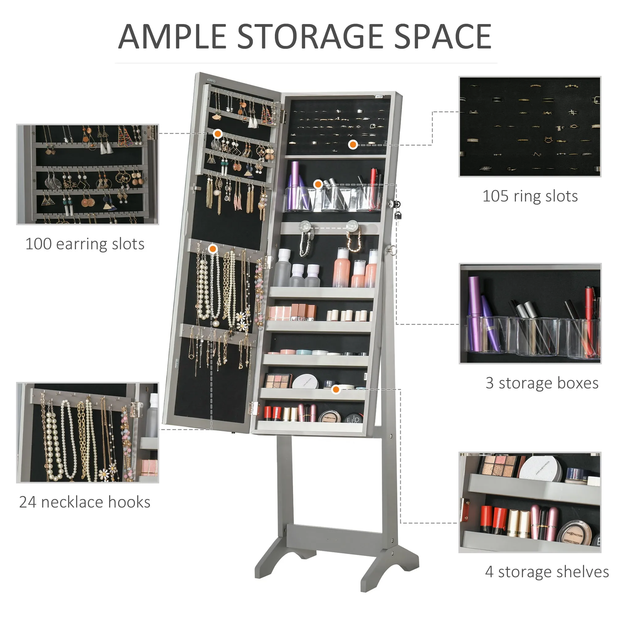 HOMCOM Mirrored Jewellery Cabinet W/ LED Light Lockable Jewellery Armoire Grey