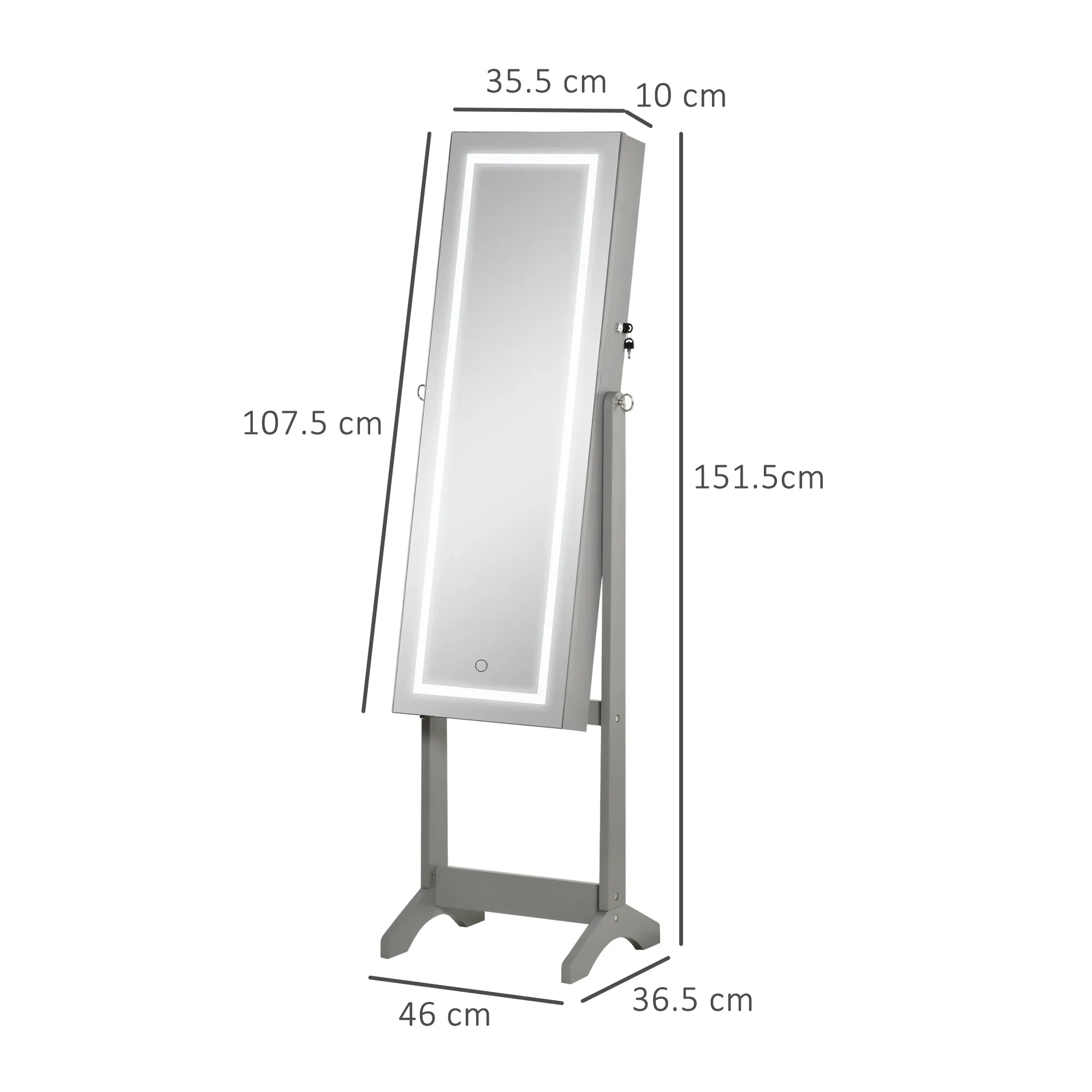 HOMCOM Mirrored Jewellery Cabinet W/ LED Light Lockable Jewellery Armoire Grey