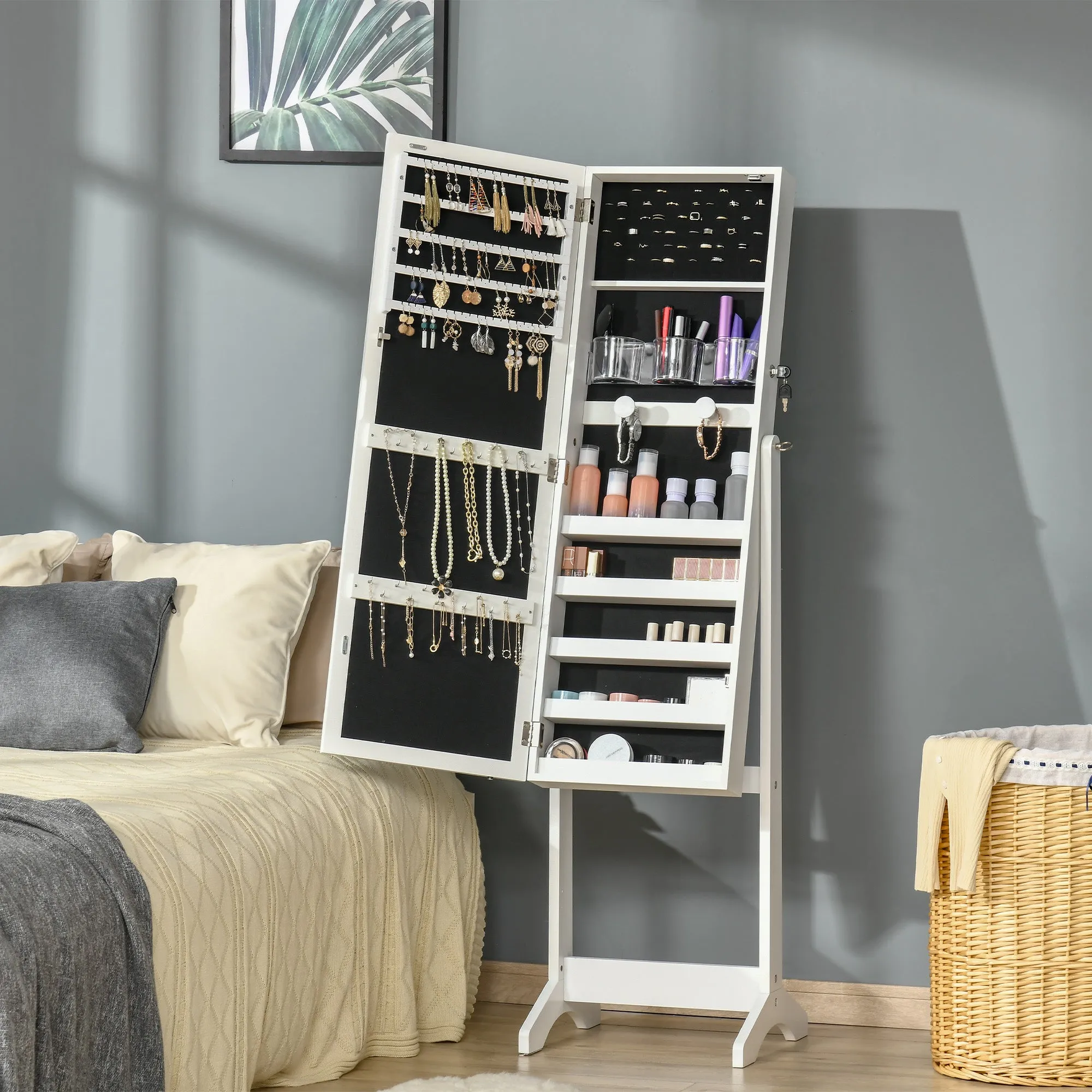 HOMCOM Mirrored Jewellery Cabinet W/ LED Light Lockable Jewellery Armoire White