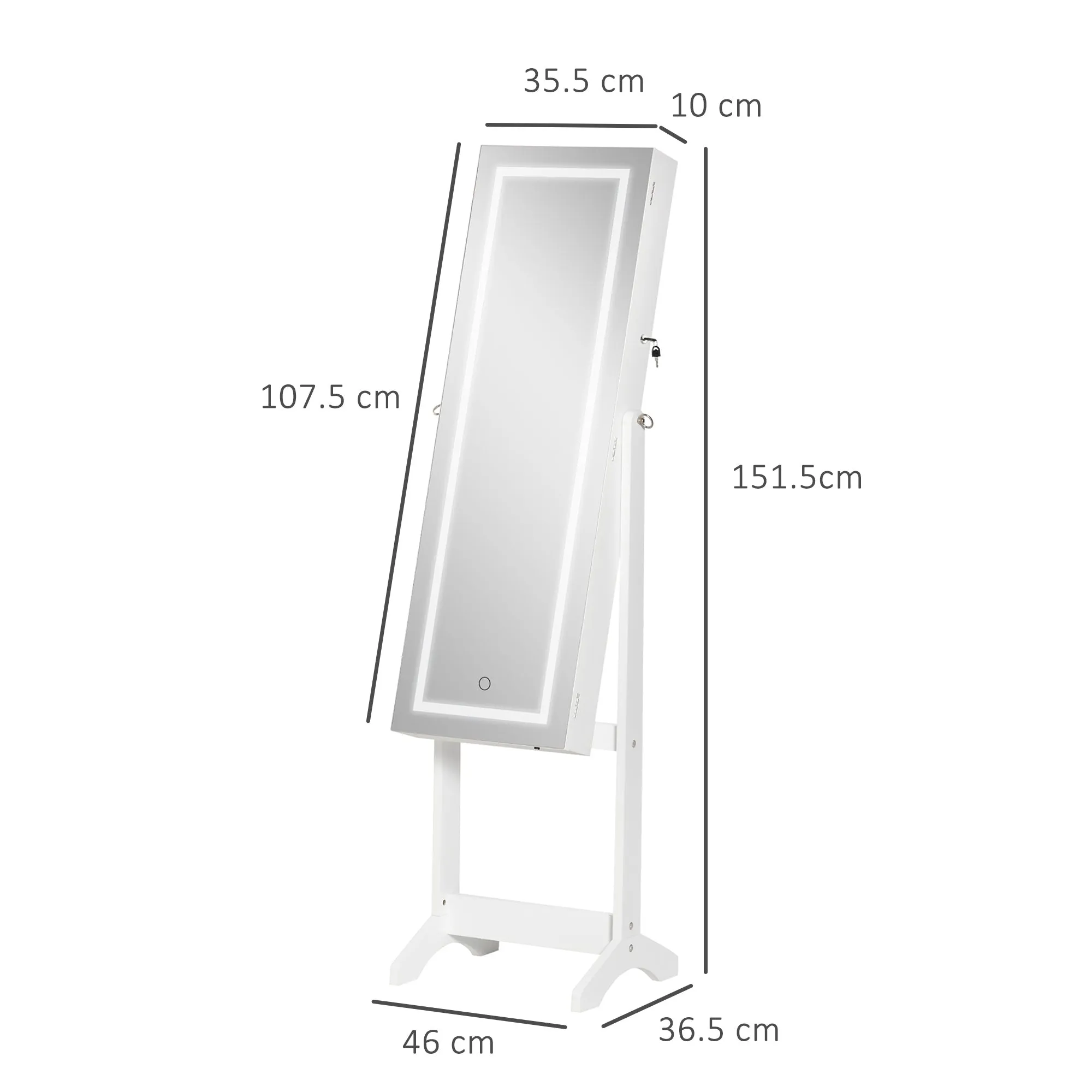 HOMCOM Mirrored Jewellery Cabinet W/ LED Light Lockable Jewellery Armoire White