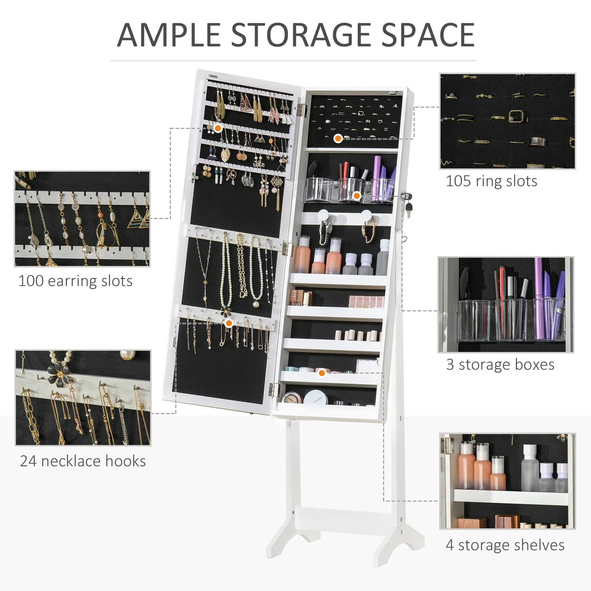 HOMCOM Mirrored Jewellery Cabinet W/ LED Light Lockable Jewellery Armoire White