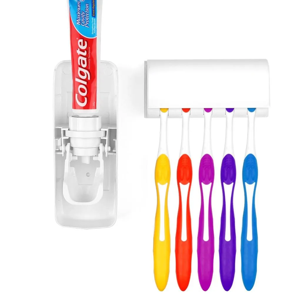Home Automatic Toothpaste Dispenser   5 Toothbrush Holder Set