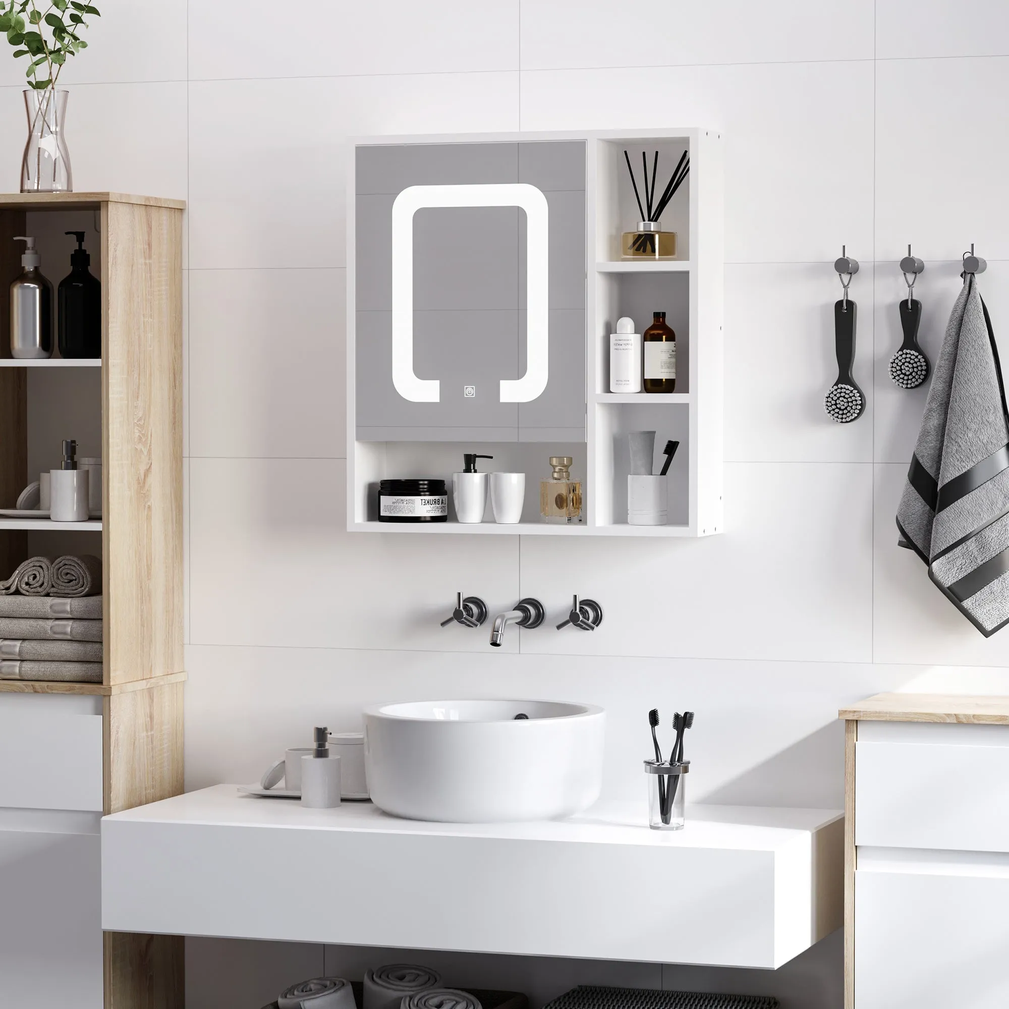 kleankin LED Illuminated Bathroom Mirror Cabinet with Dimmable Touch Switch