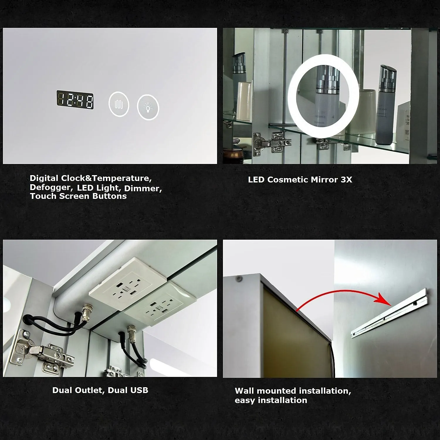 LED illuminated Lighted Bathroom Makeup Mirror Medicine Cabinet Anti-Fog Double Door with 3X Zoom, Power Outlet, Touch