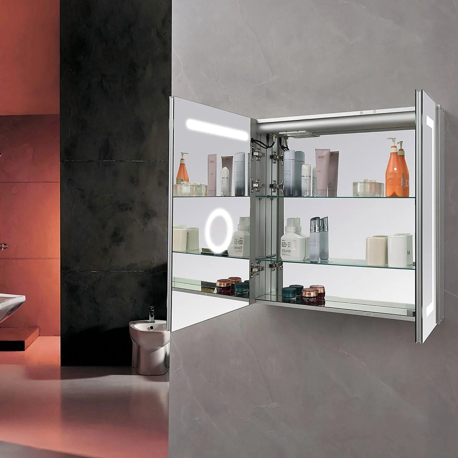 LED illuminated Lighted Bathroom Makeup Mirror Medicine Cabinet Anti-Fog Double Door with 3X Zoom, Power Outlet, Touch