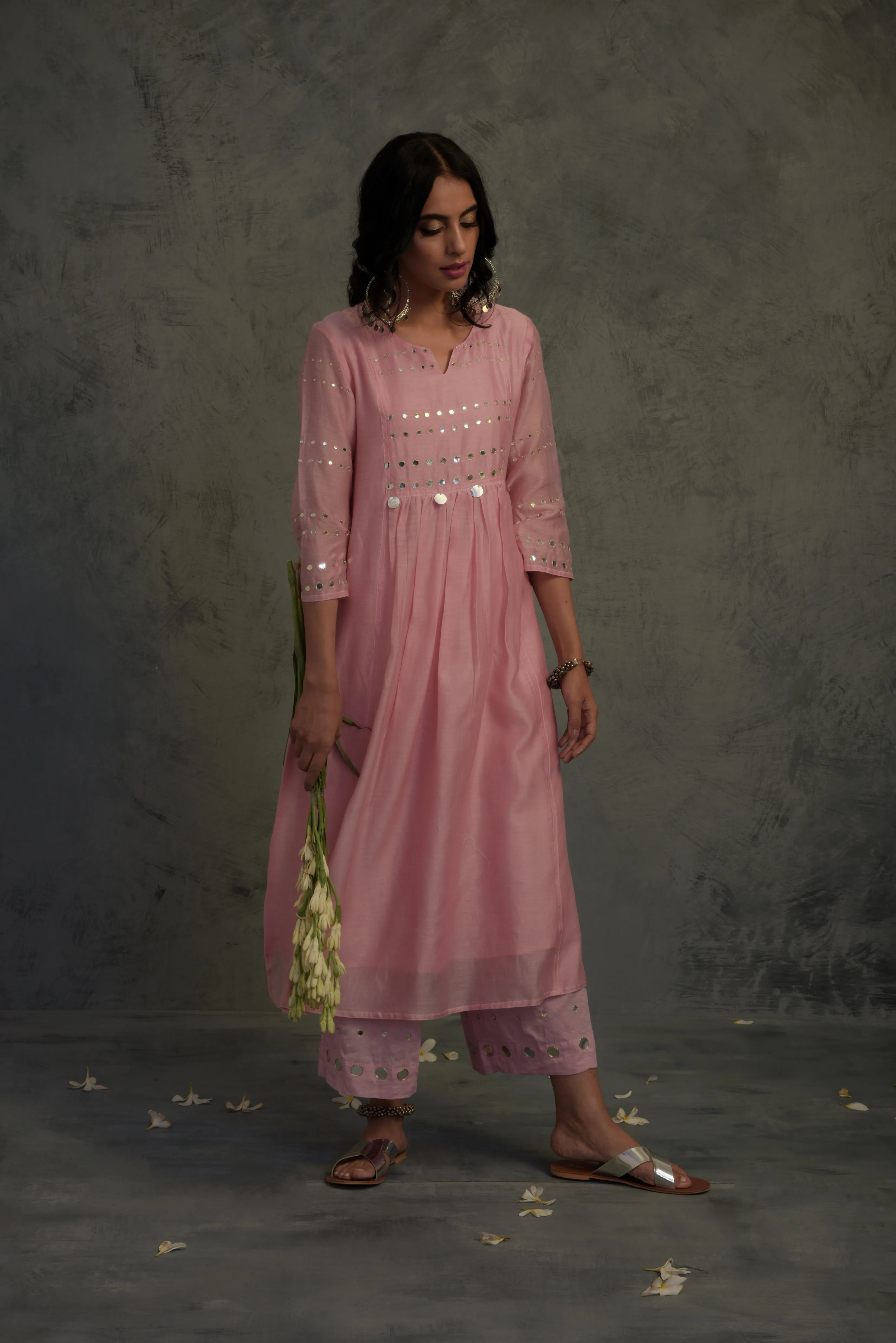 Light Pink Gathered Kurta Set - Set of 3