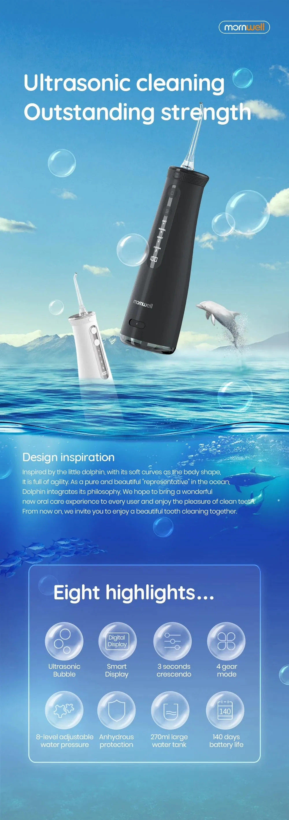 Mornwell F32 Oral Irrigator Dental Teeth Whitening Home Appliance Sonic Water Flosser 260ML Tank Teeth Cleaner Dental Water Jet