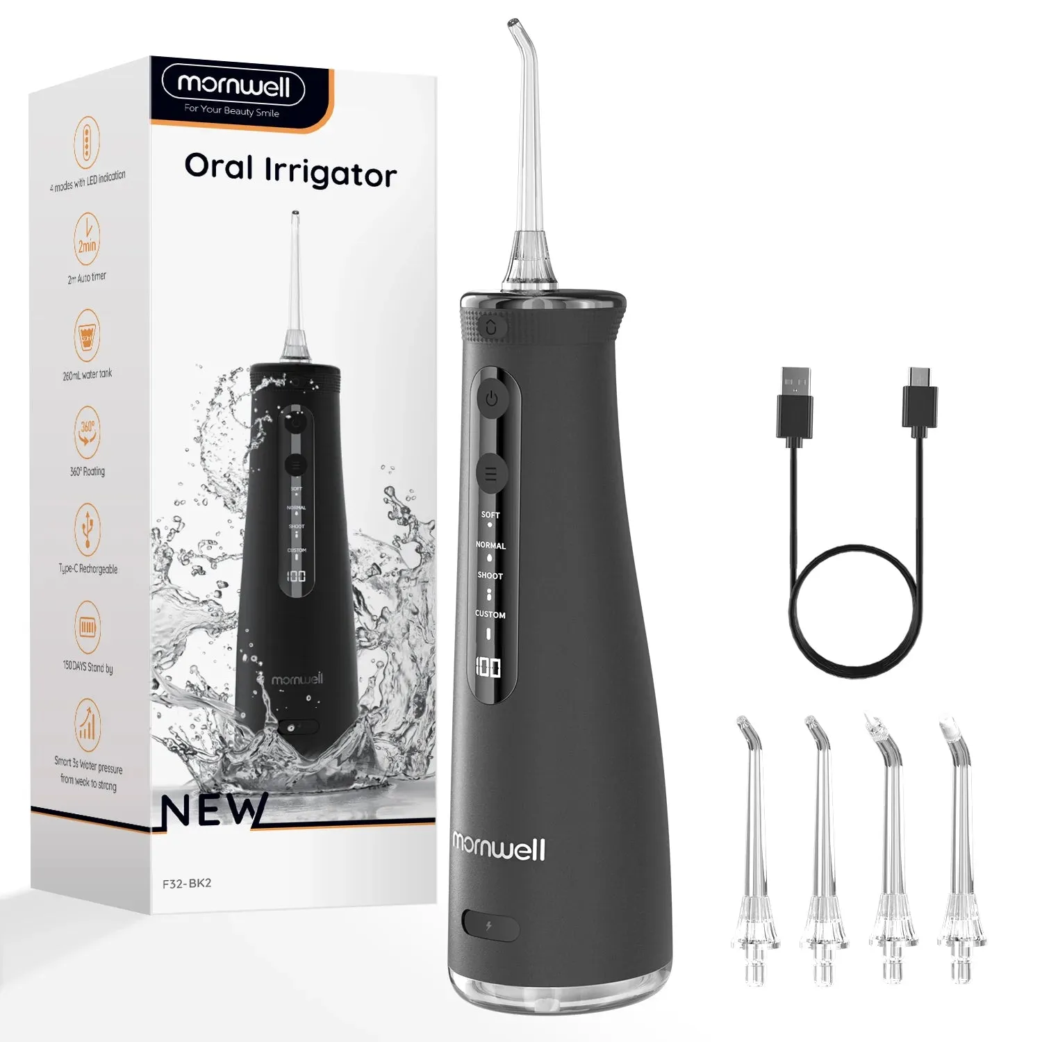 Mornwell F32 Oral Irrigator Dental Teeth Whitening Home Appliance Sonic Water Flosser 260ML Tank Teeth Cleaner Dental Water Jet