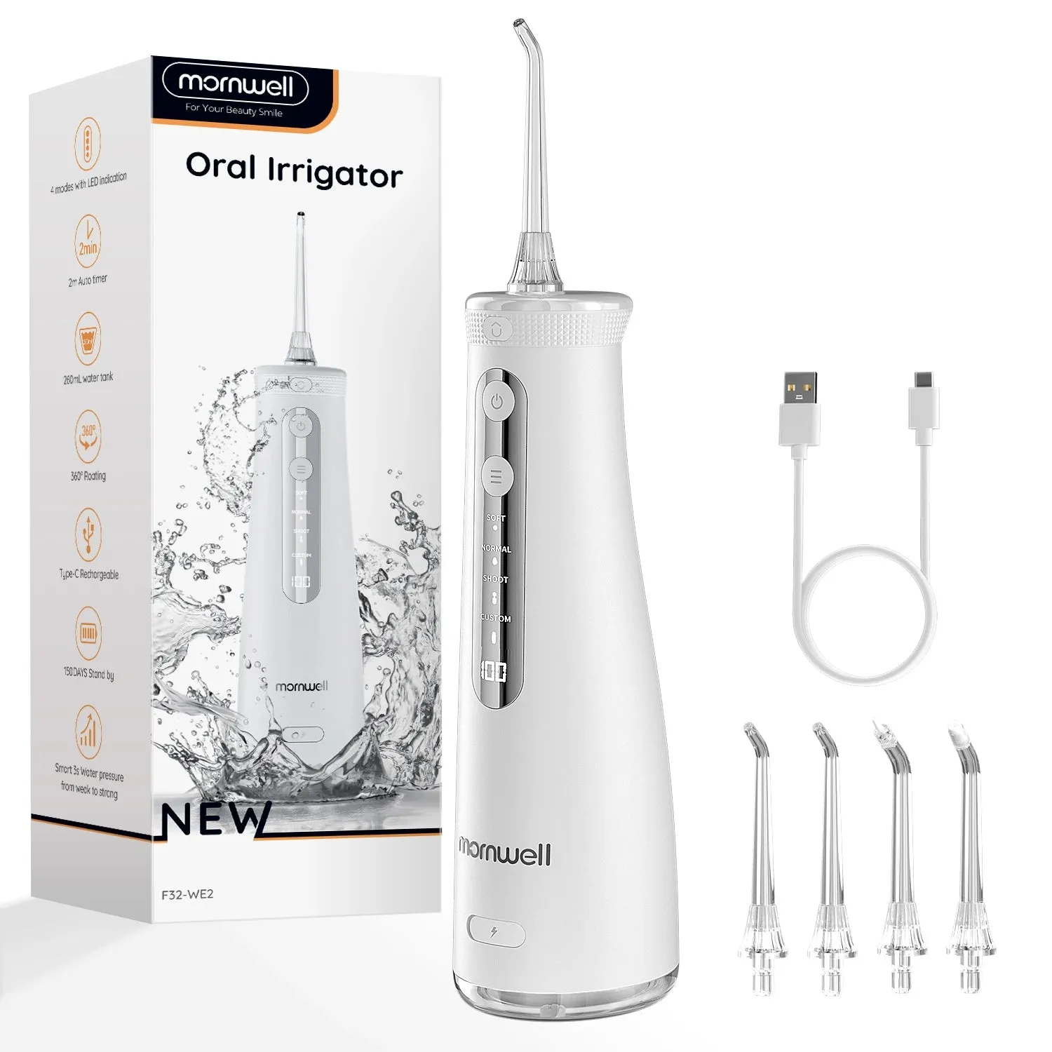 Mornwell F32 Oral Irrigator Dental Teeth Whitening Home Appliance Sonic Water Flosser 260ML Tank Teeth Cleaner Dental Water Jet
