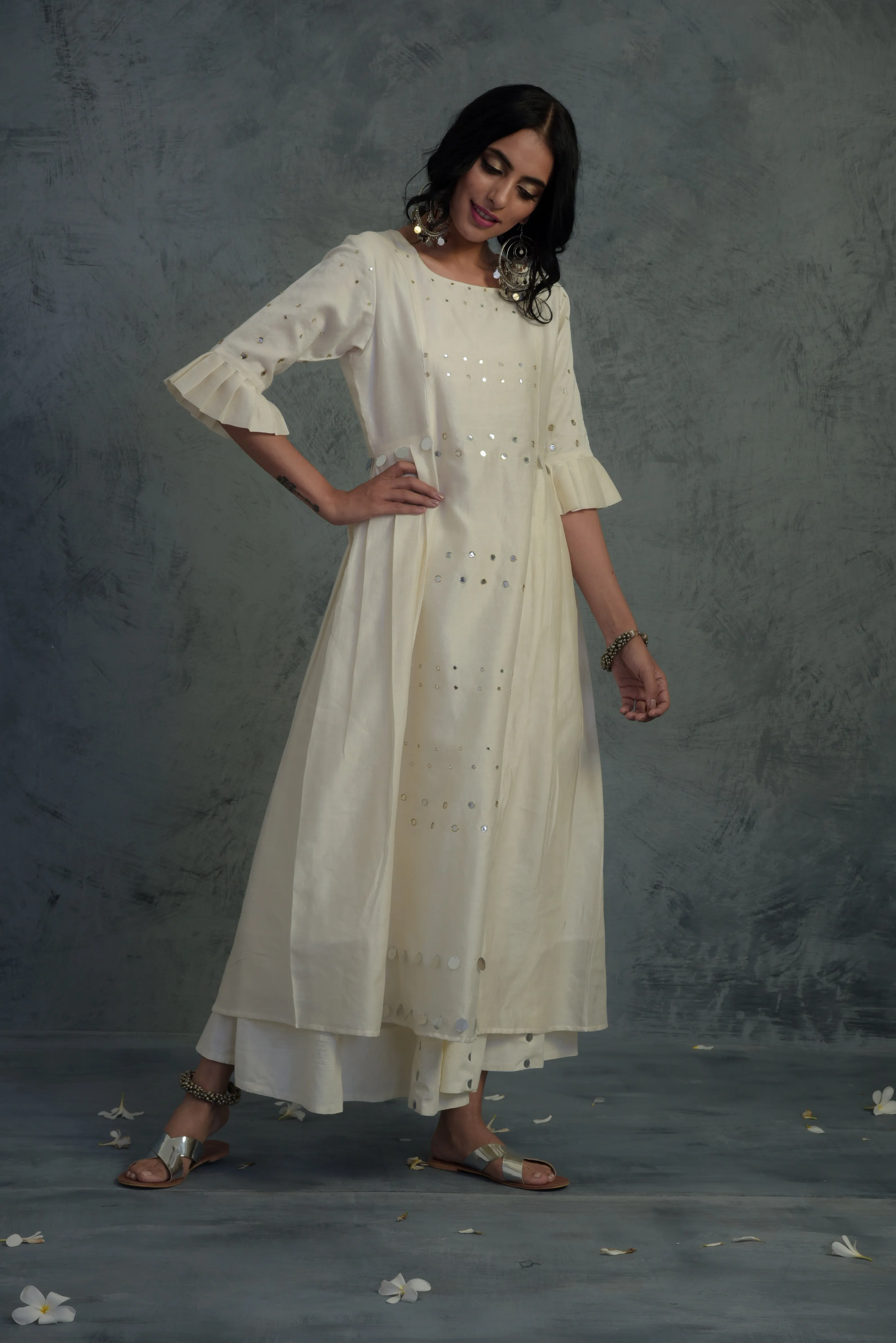 Off-white Pleated Kurta Set - Set of 3