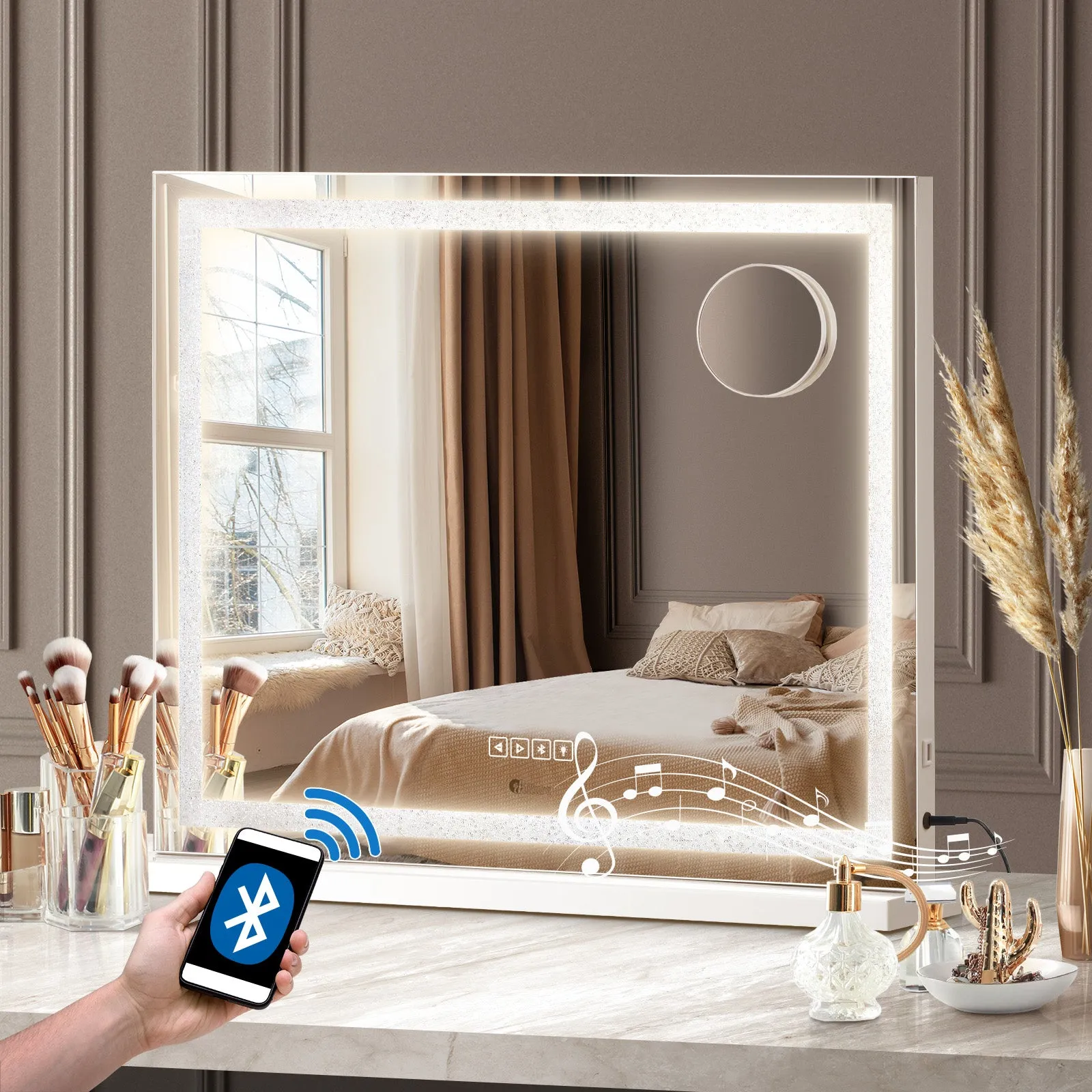 Oikiture Bluetooth Hollywood LED Makeup Mirror 58x49cm Crystal Vanity Mirrors