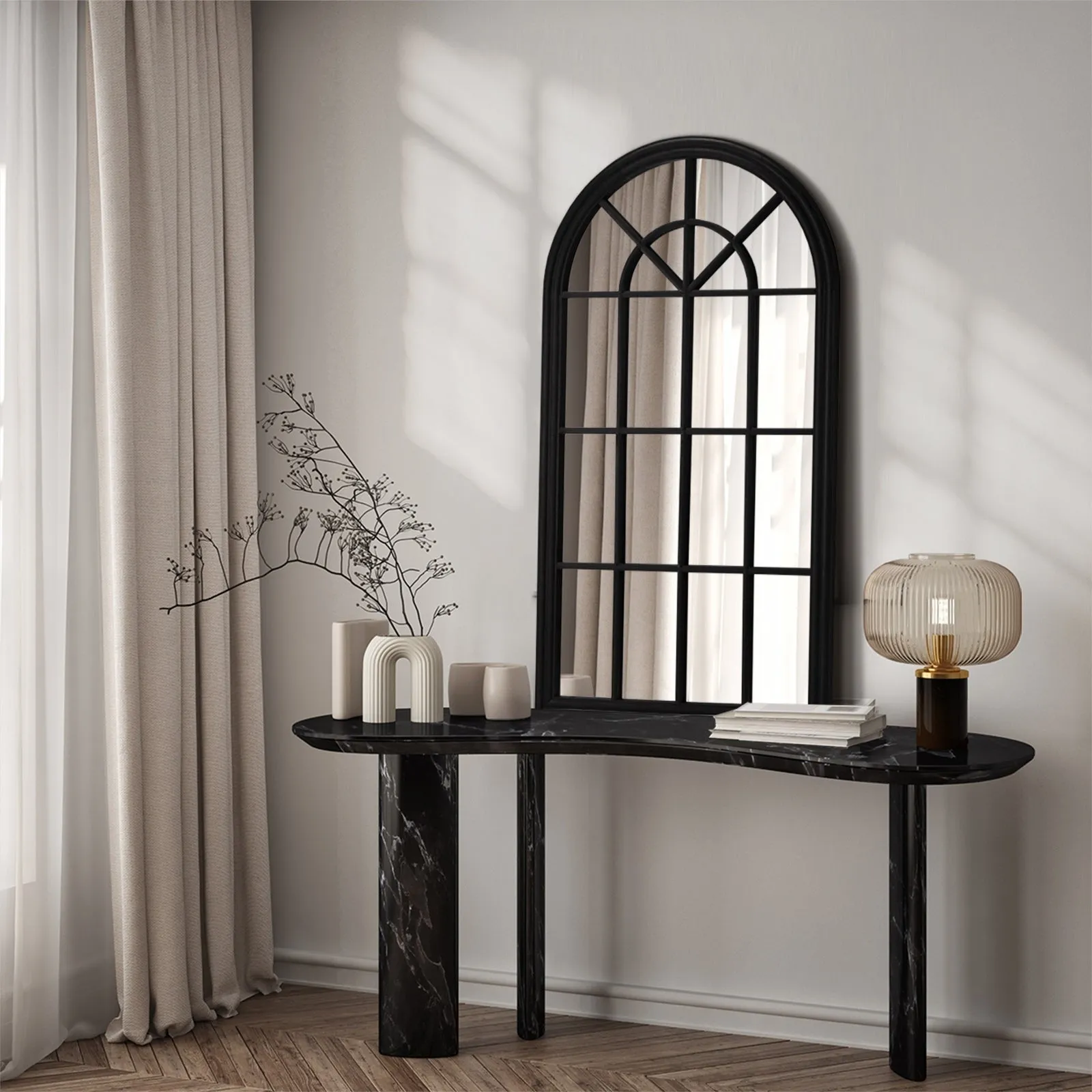 Oikiture Window Mirror Arched Wall Mirrors Decor 76x51cm Wooden Black